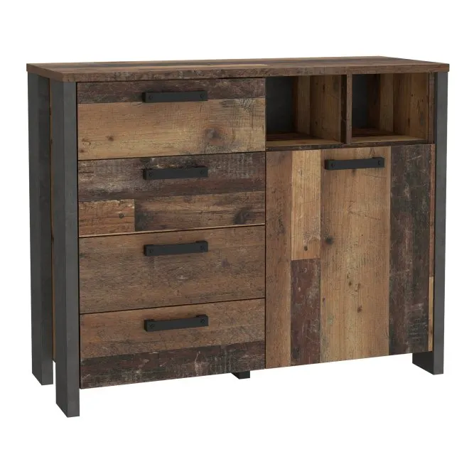 Komoda CLIF 1-drzwiowa z 4 szufladami i wnękami - old wood vintage, beton