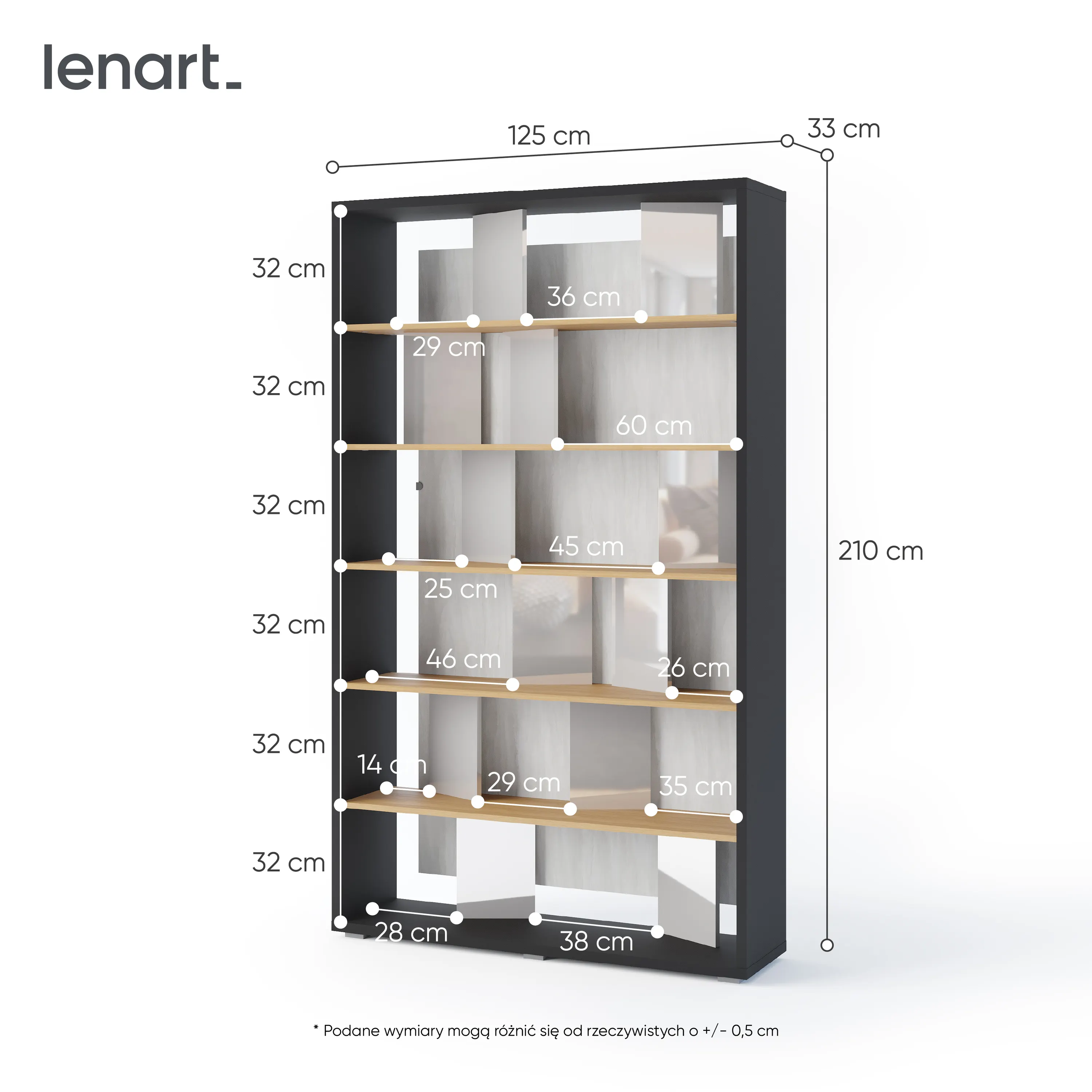 FITT FP-01 - regał z oświetleniem - grafit/dąb linearny/natura/szary połysk - FP1GDP