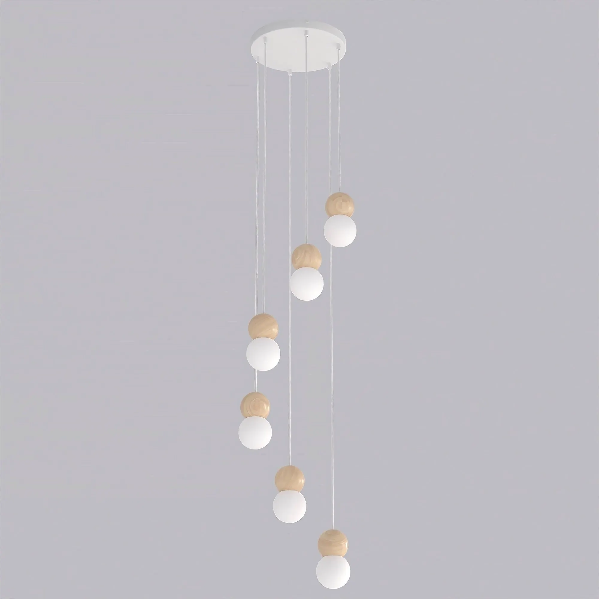 lampa wisząca, pendant lamp, kuliste żarówki, drewniane elementy, minimalistyczny design