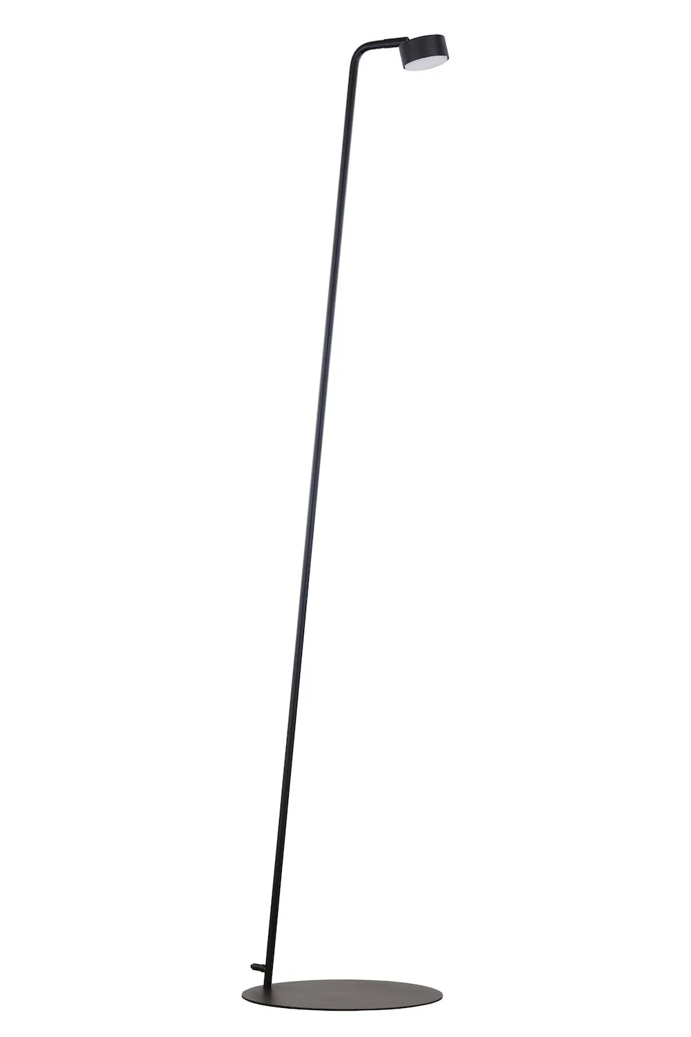 lampa podłogowa, czarna lampa, minimalistyczna, stalowa konstrukcja, podstawa okrągła