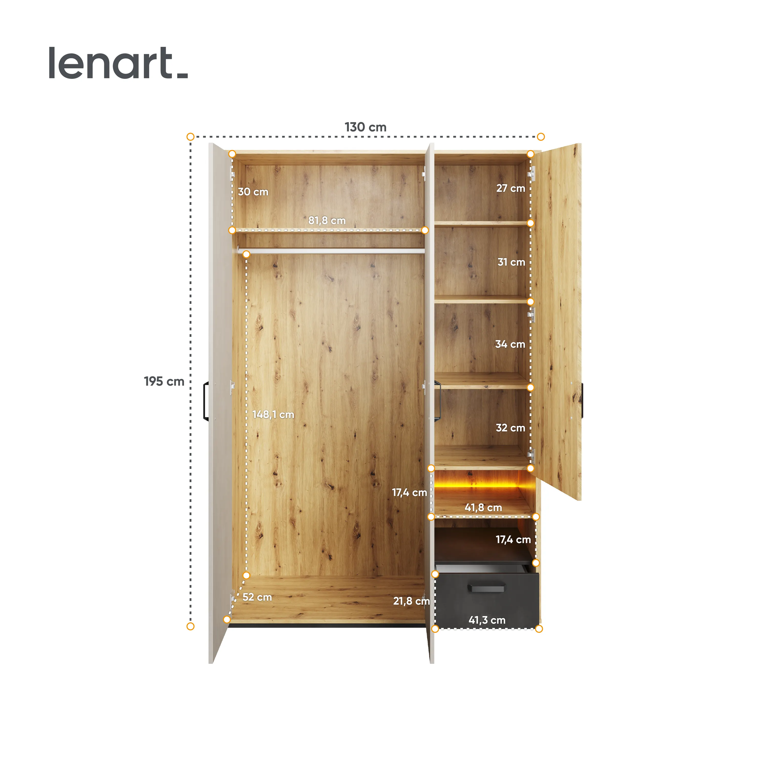 Szafa 3-drzwiowa LED Qubic QB-02 130cm dąb artisan - QB2DAR