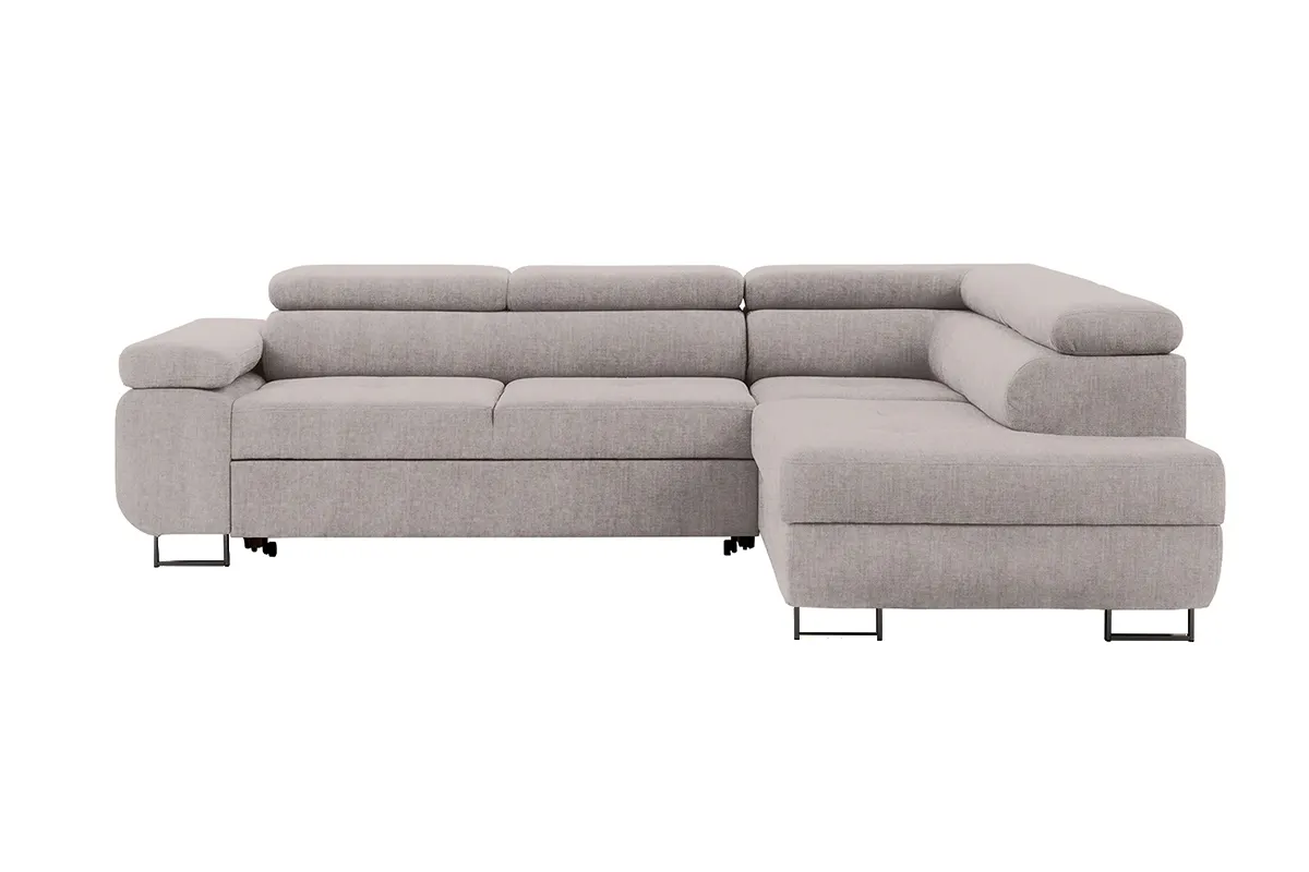 Narożnik prawostronny ANNABELLE L regulowane zagłówki nogi czarne tkanina prawy Maya 01 beżowy - B_165790