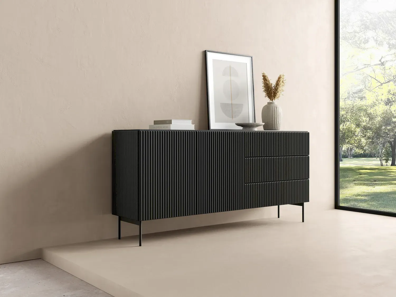 Komoda 2-drzwiowa z 3 szufladami MUTI 177 ryflowany front czarna - LA_MUTI_KOMODA_177_2D3S_CZARNY