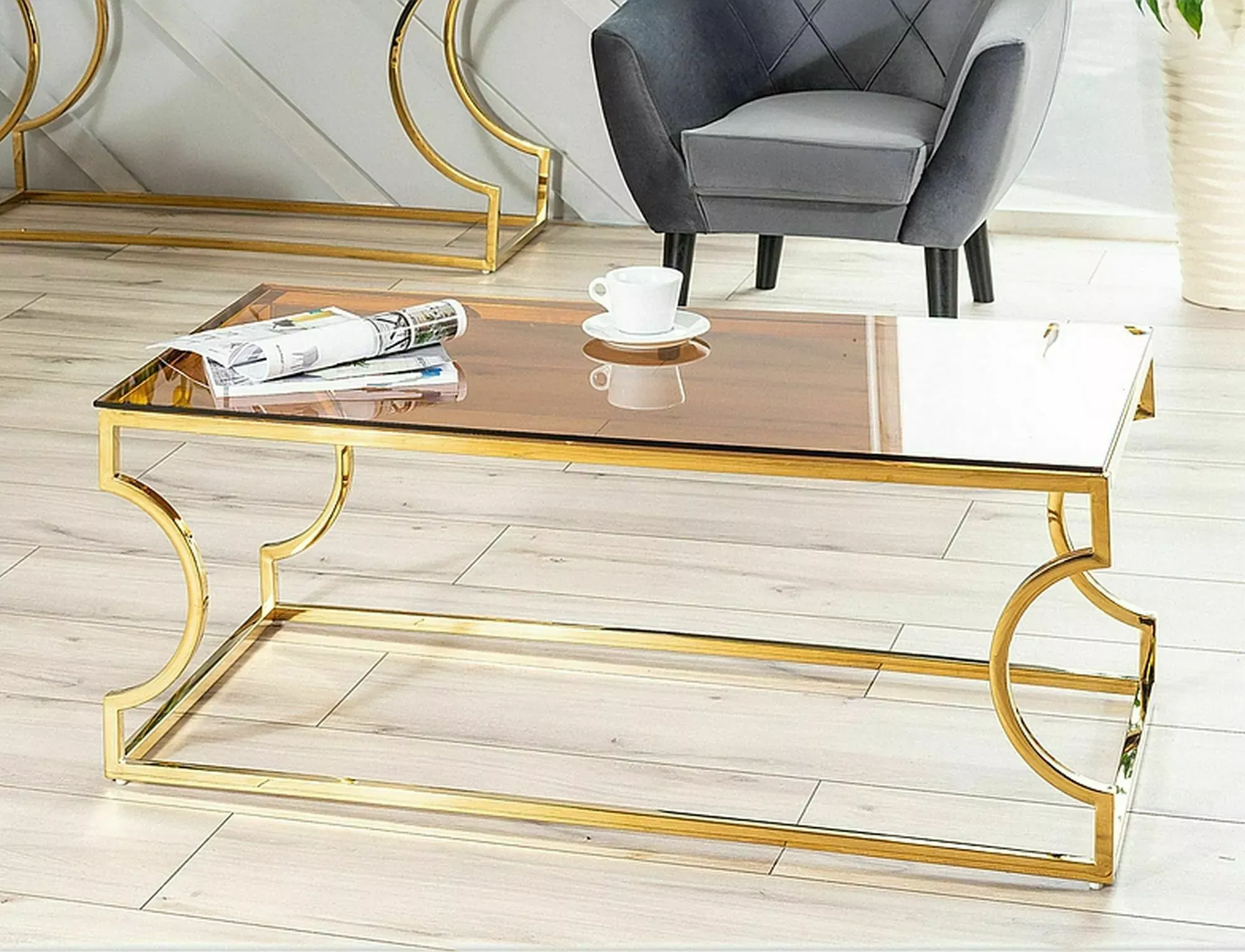 Ława KENZO A 120 cm szkło bursztynowe/złoty stelaż - KENZOACTZL