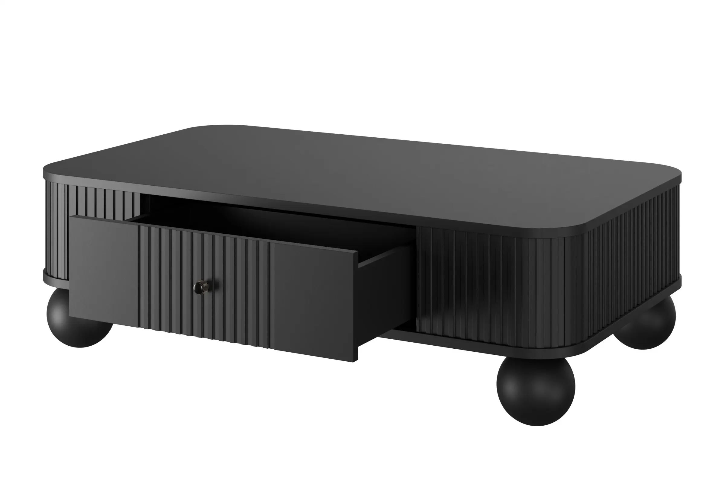 Stolik kawowy z szufladą VESPER 103 ryflowany front czarny czarne uchwyty nogi kule - B_163821
