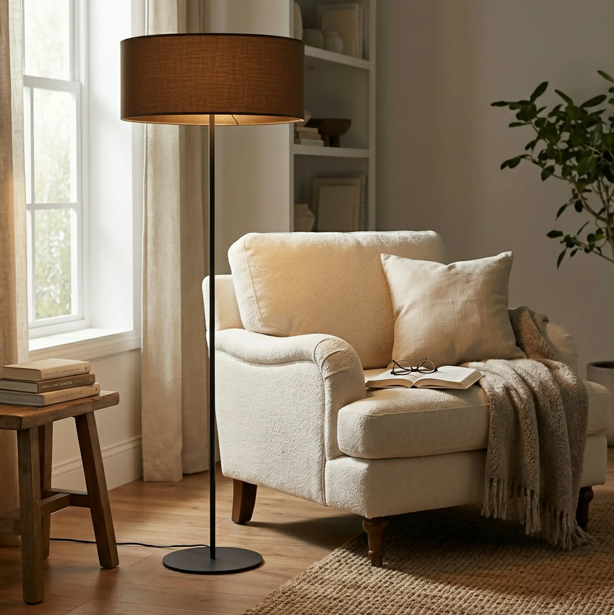 image lampa stojąca, lampa podłogowa, pufa/sofa?, koc/pledka?, nastawa?
