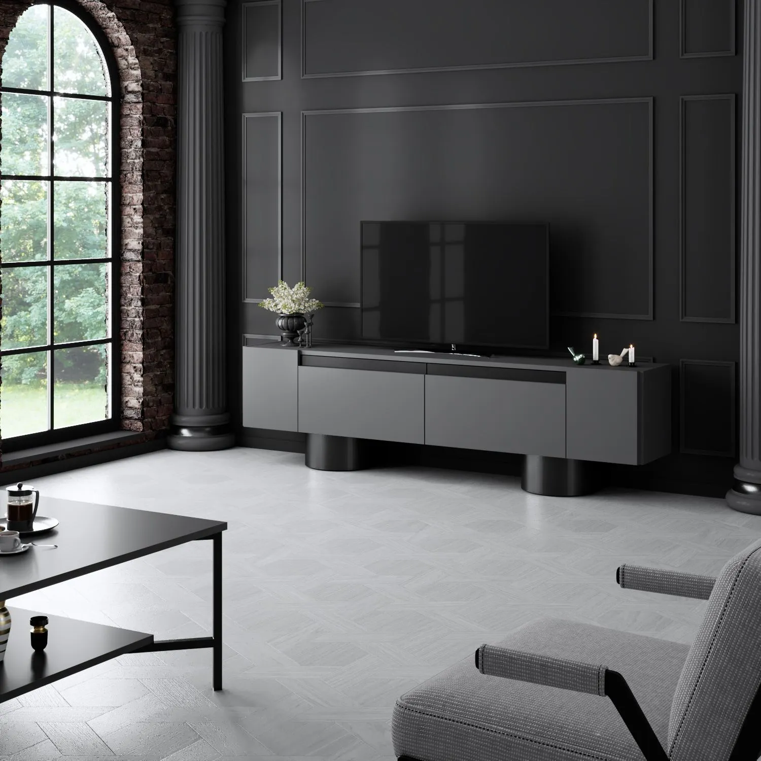 Szafka RTV z 2 klapami na blaszanych nogach BOHEM 180x50x30 cm antracyt czarny - ASI_618BLY1266