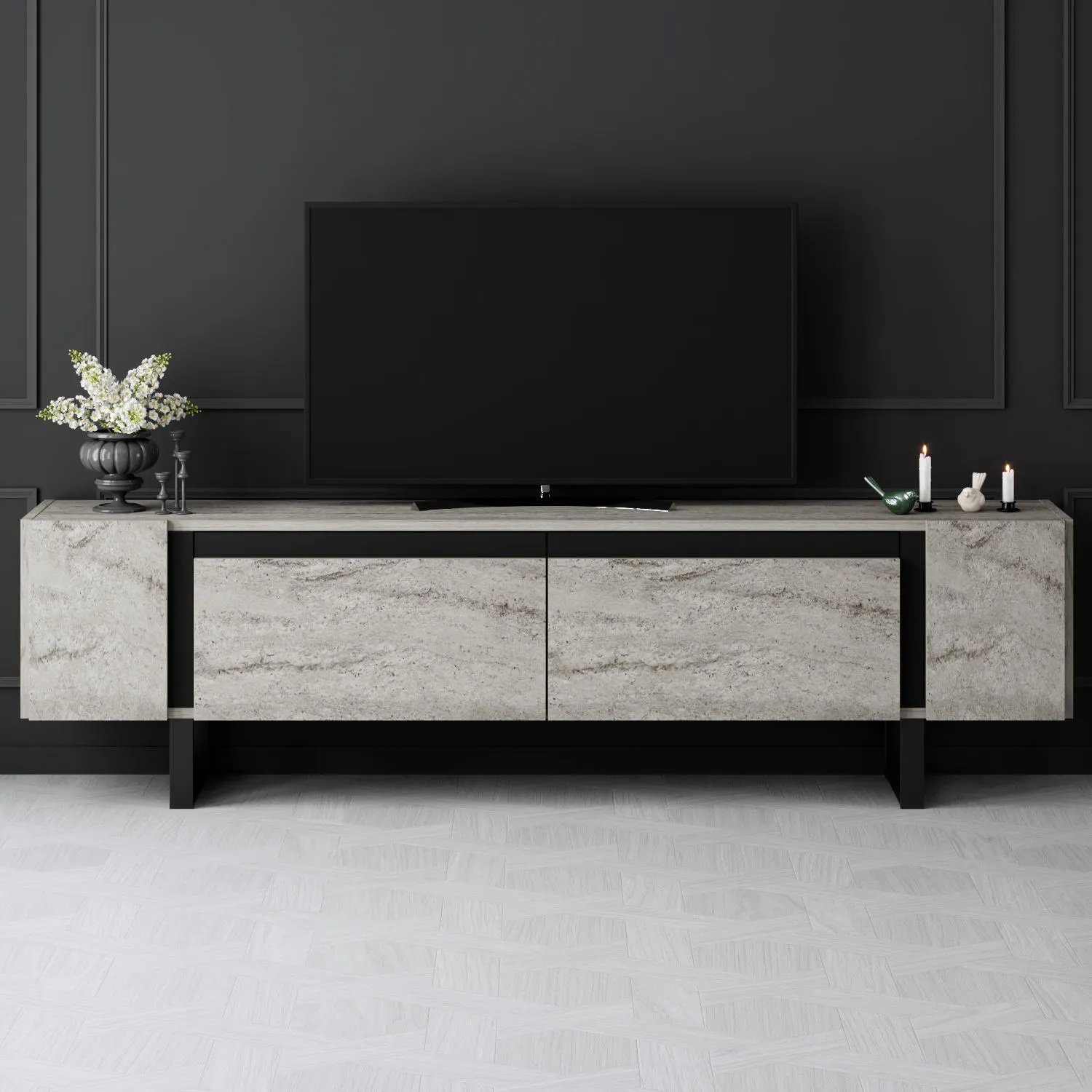 Szafka RTV z 2 klapami YILDIZ 180x30x50 cm trawertyn czarny stelaż — zdjęcie 4