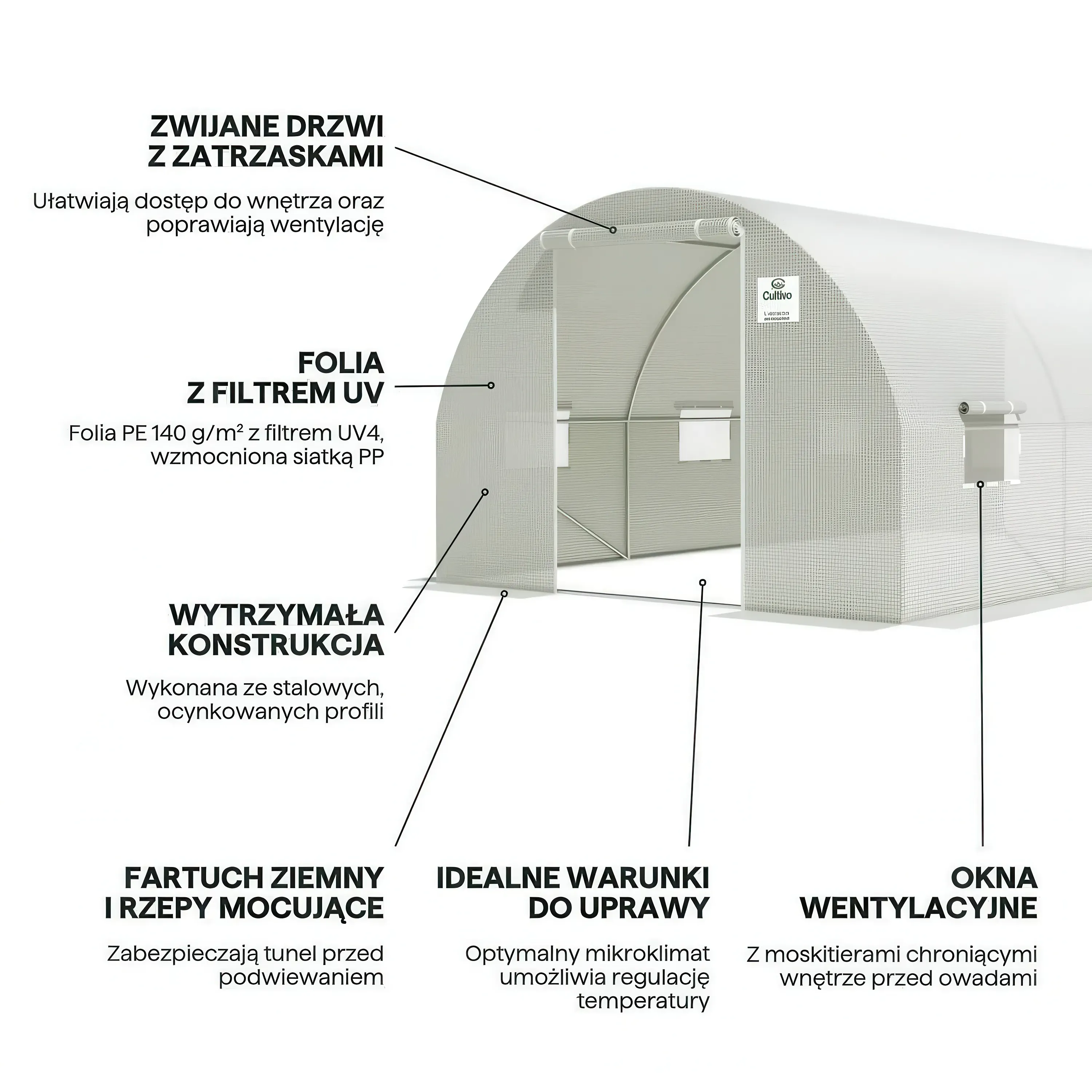 Tunel foliowy CULTIVO 3 sekcje podwójne drzwi 3x4.5x2m(13.5m2) podwójne drzwi biały - FG003323