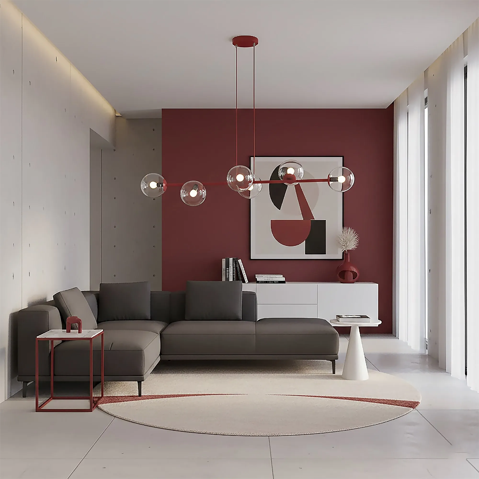 sofа, salon, sectional, szary, czerwona akcent
