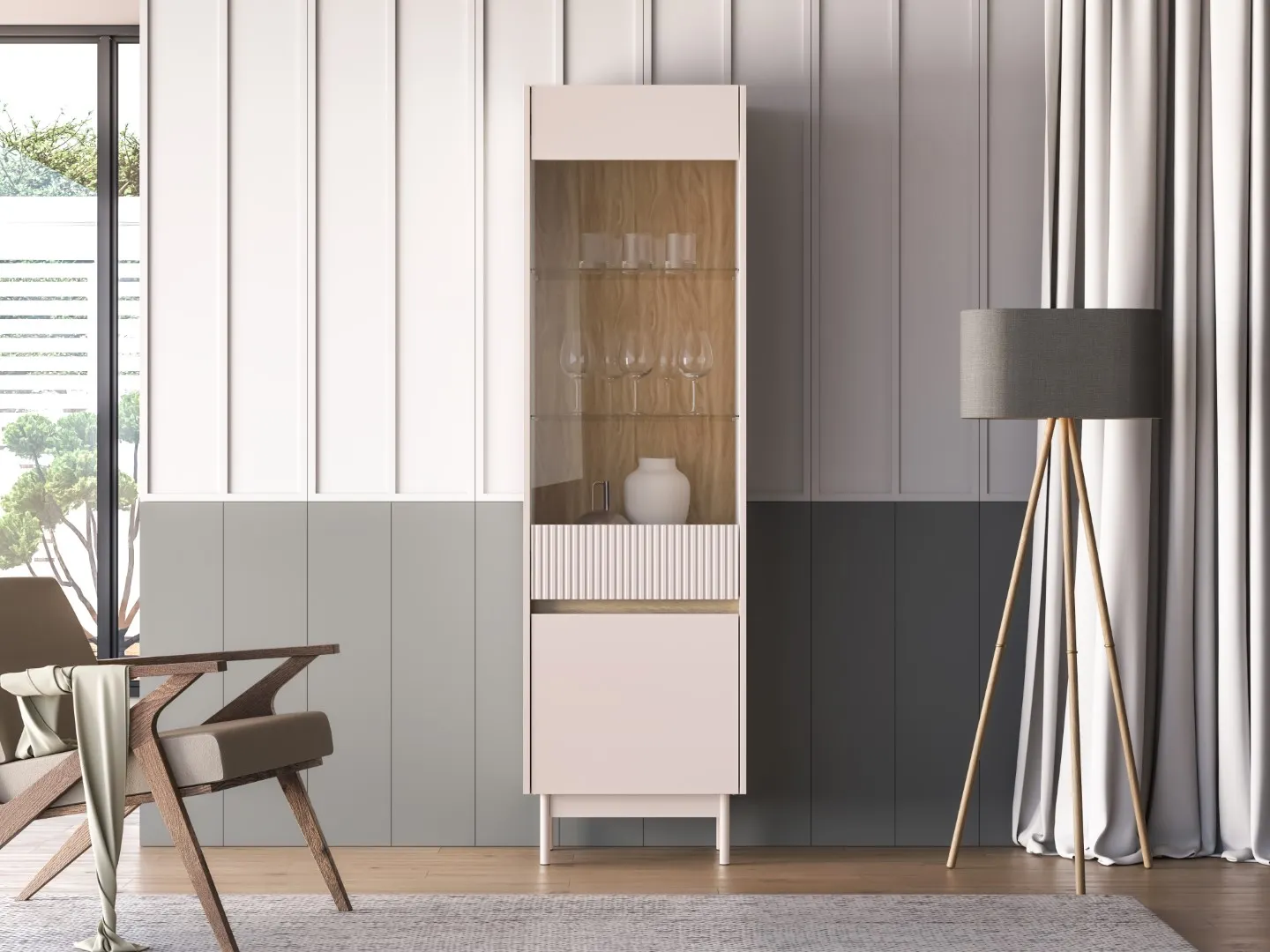 Witryna szklana 2-drzwiowa DUNEA 196x55 ryflowana kaszmir - dąb cremona - 1DUNE02-001