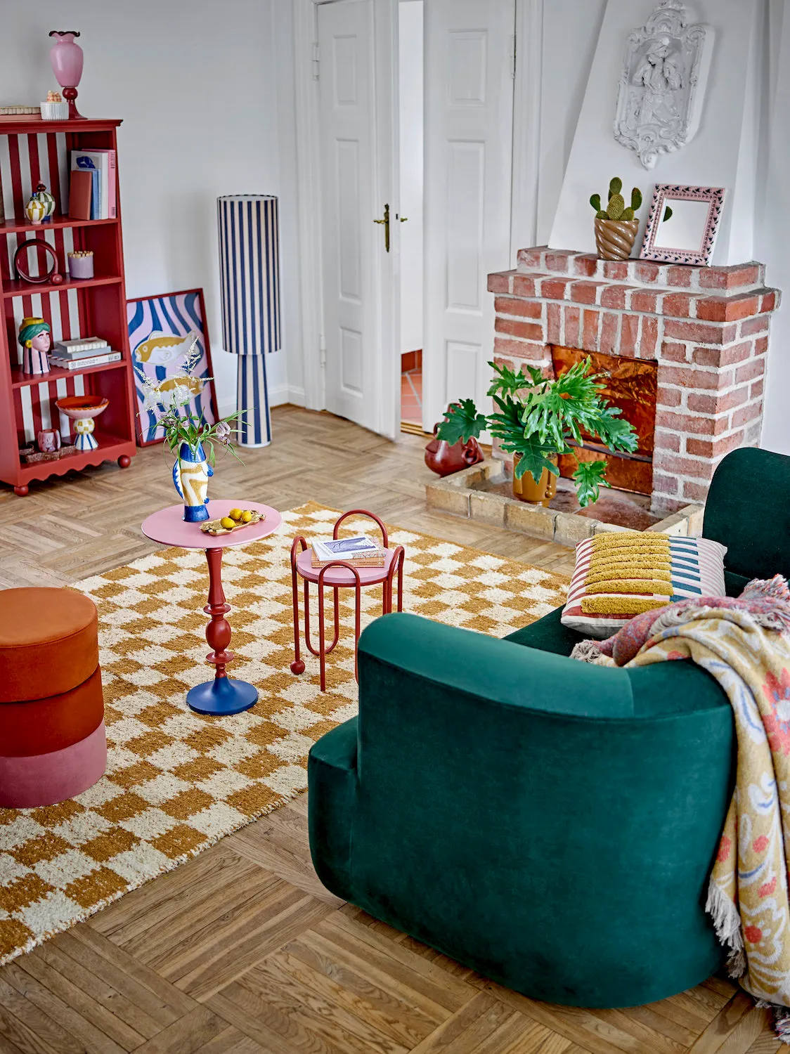 pokój, sofa, kominek, dywan, meble