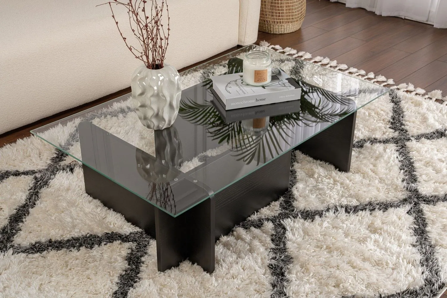 Stolik kawowy FLAVIO 65x105 cm czarny efekt drewna transpatentny