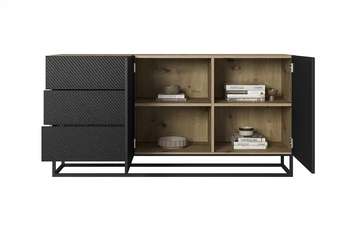 Komoda 2-drzwiowa z 3 szufladami ASHA 167 - czarny mat - dąb artisan - czarny stelaż - ryflowany front - B_149615