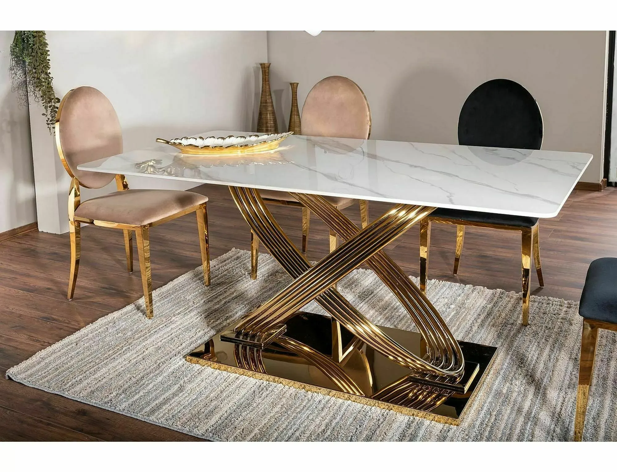 Stół nierozkładany HERMES 90x160 efekt marmuru biały połysk stelaż złoty - HERMESBZL160