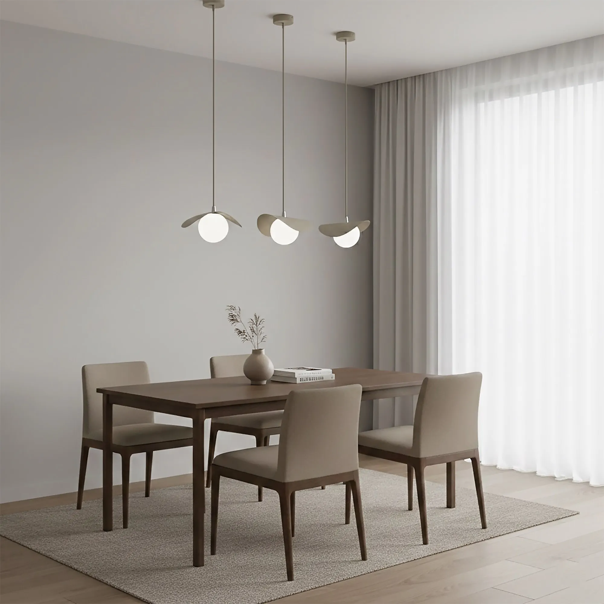 image stół dining, drewniany stół, krzesła dining, zestaw mebli, lampy wiszące