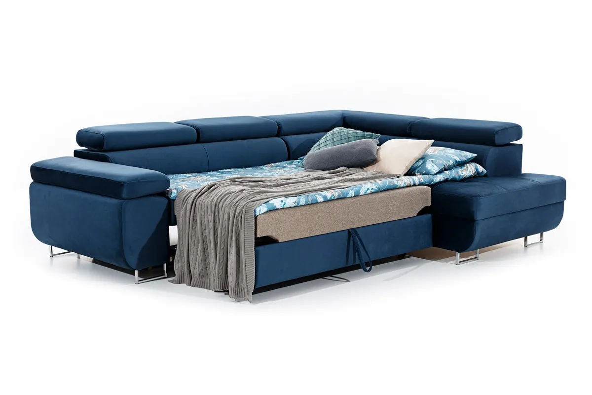 Narożnik prawostronny ANNABELLE L regulowane zagłówki srebrne nogi Monolith 77 granatowy - B_165785