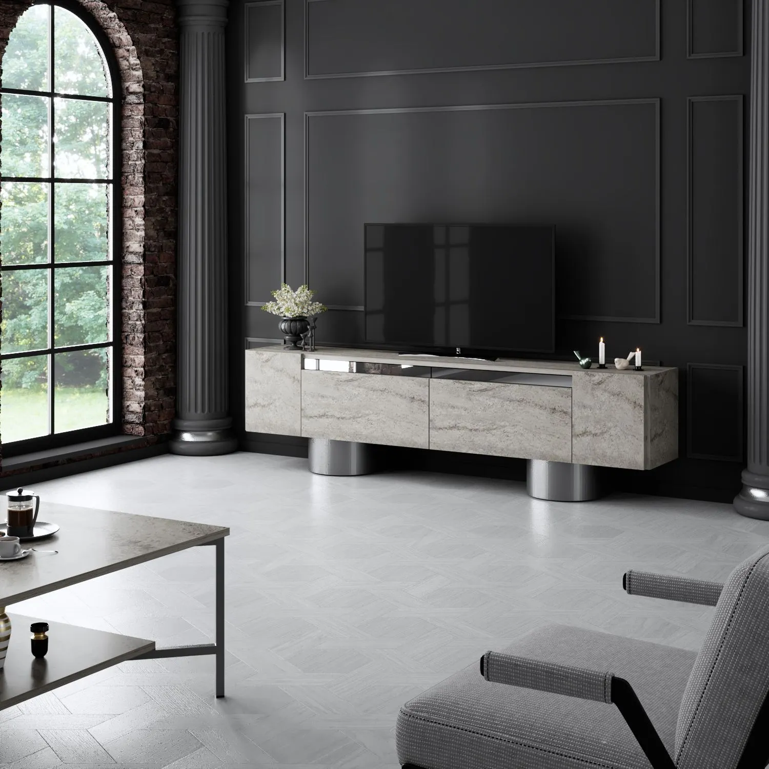 Szafka RTV z 2 klapami na blaszanych nogach BOHEM 180x50x30 cm trawertyn czarny stelaż - ASI_618BLY1265