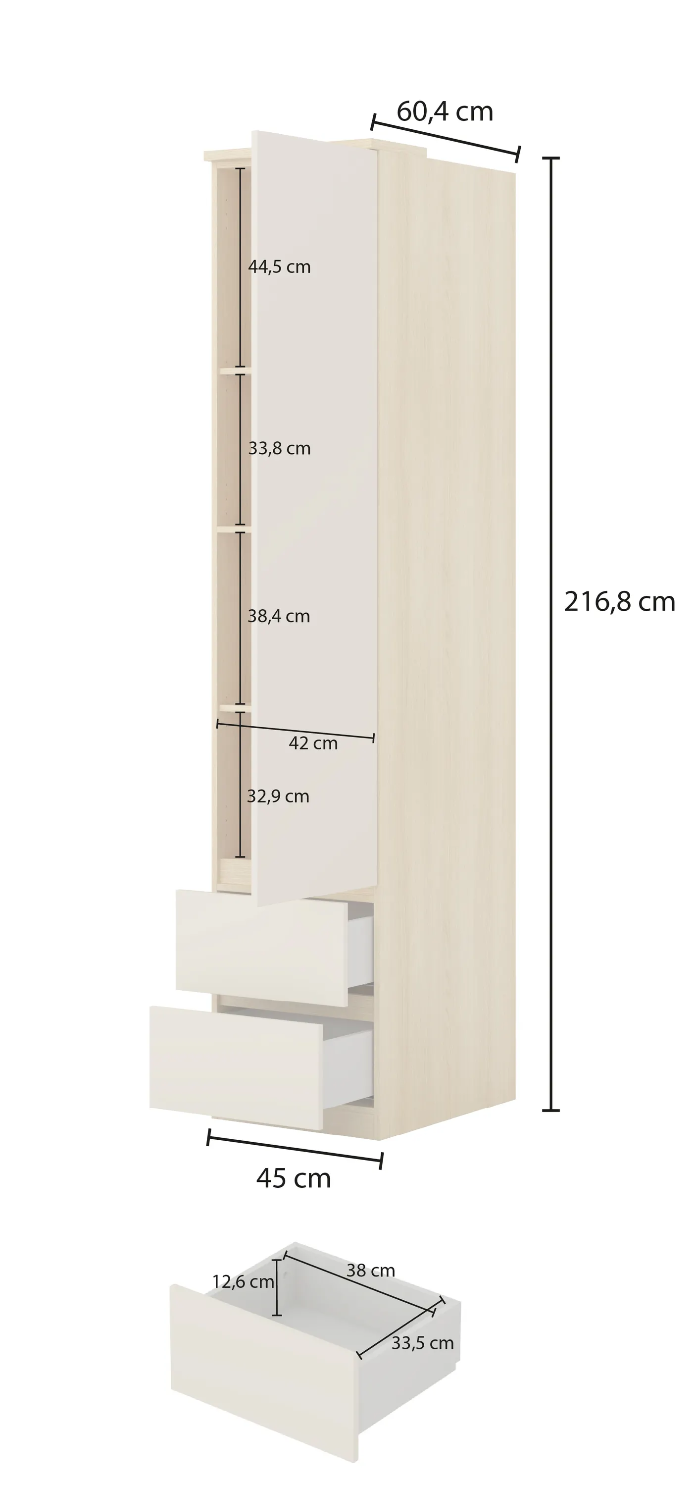 image szafka wysoka, szafki z półkami, szafa z szufladami, drewniane meble, meble do garderoby