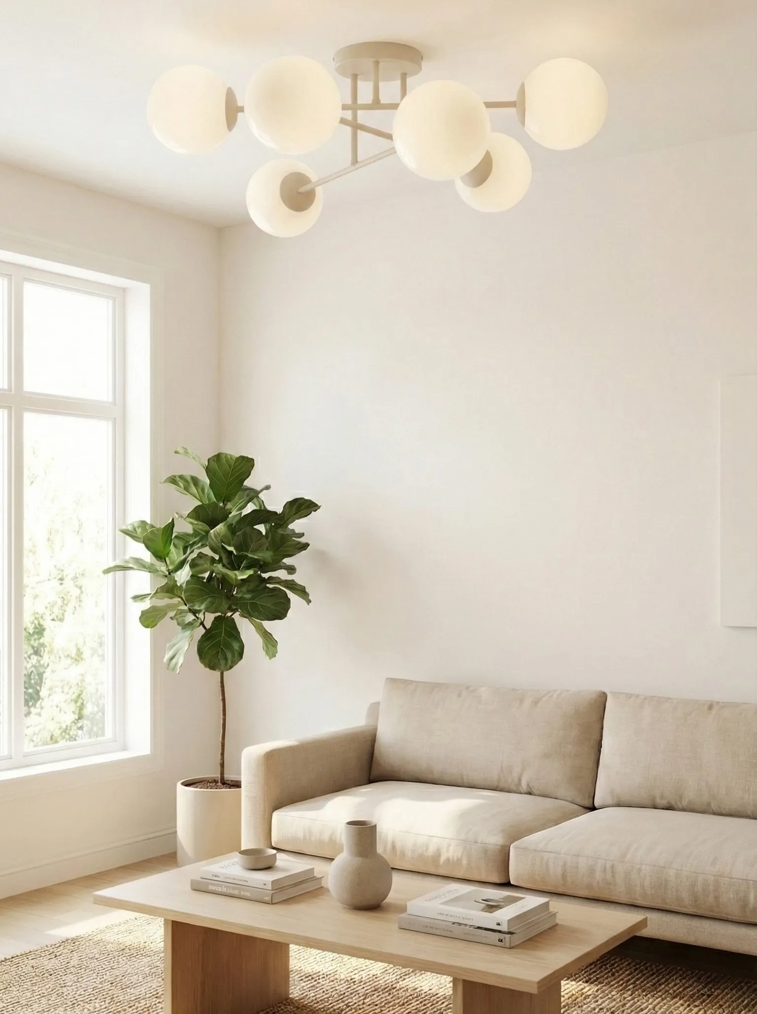 image sofa, living room, roślina, stolik kawowy, żyrandol