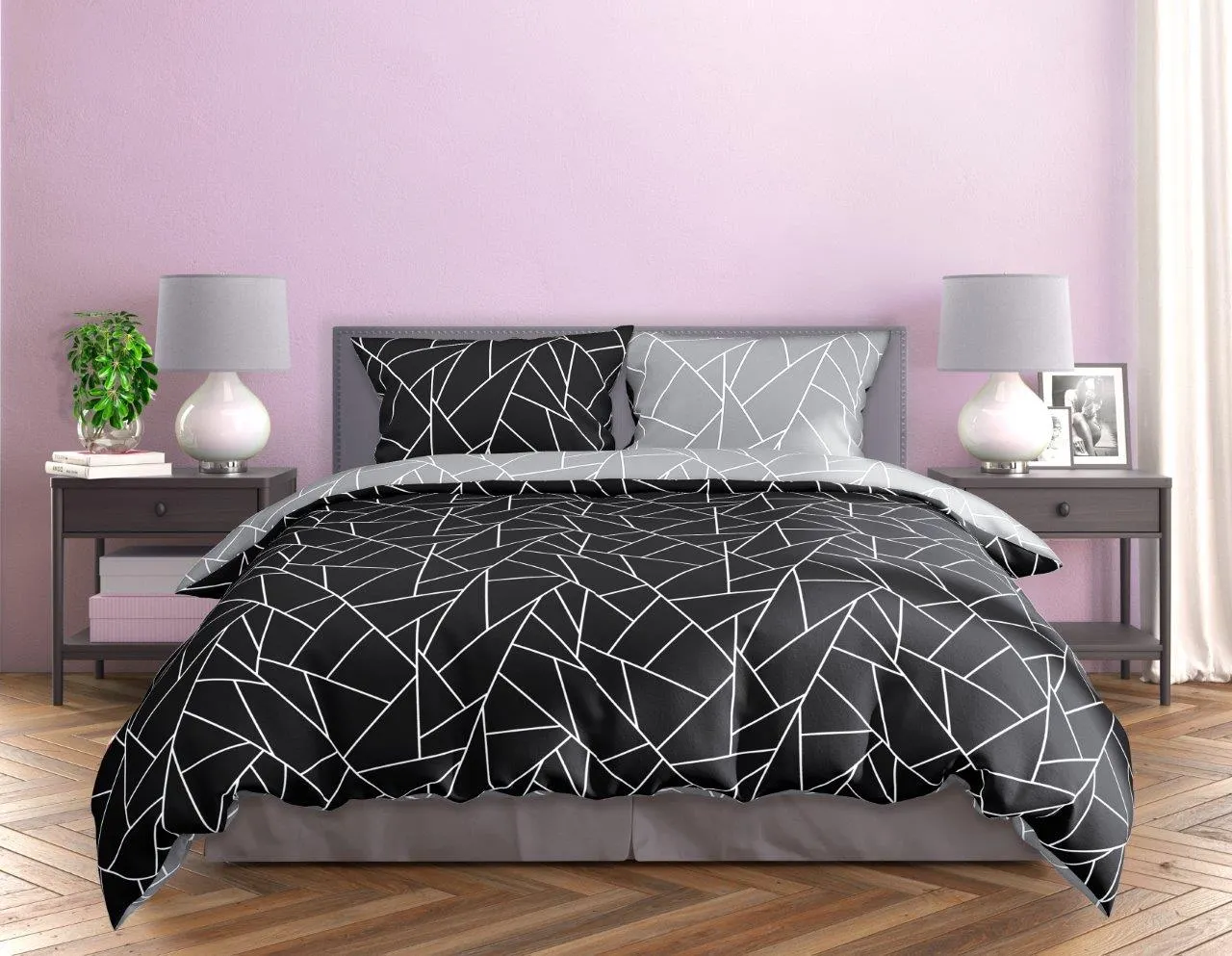 Pościel komplet MILAGRO VERDE 007 satyna bawełniana 160X200+2x70X80 czarna szara - FARO_29959