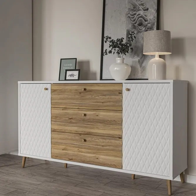 Komoda AKSANA szeroka 2-drzwiowa z 3 szufladami - dąb mauvella, biały - AKNK232-M992