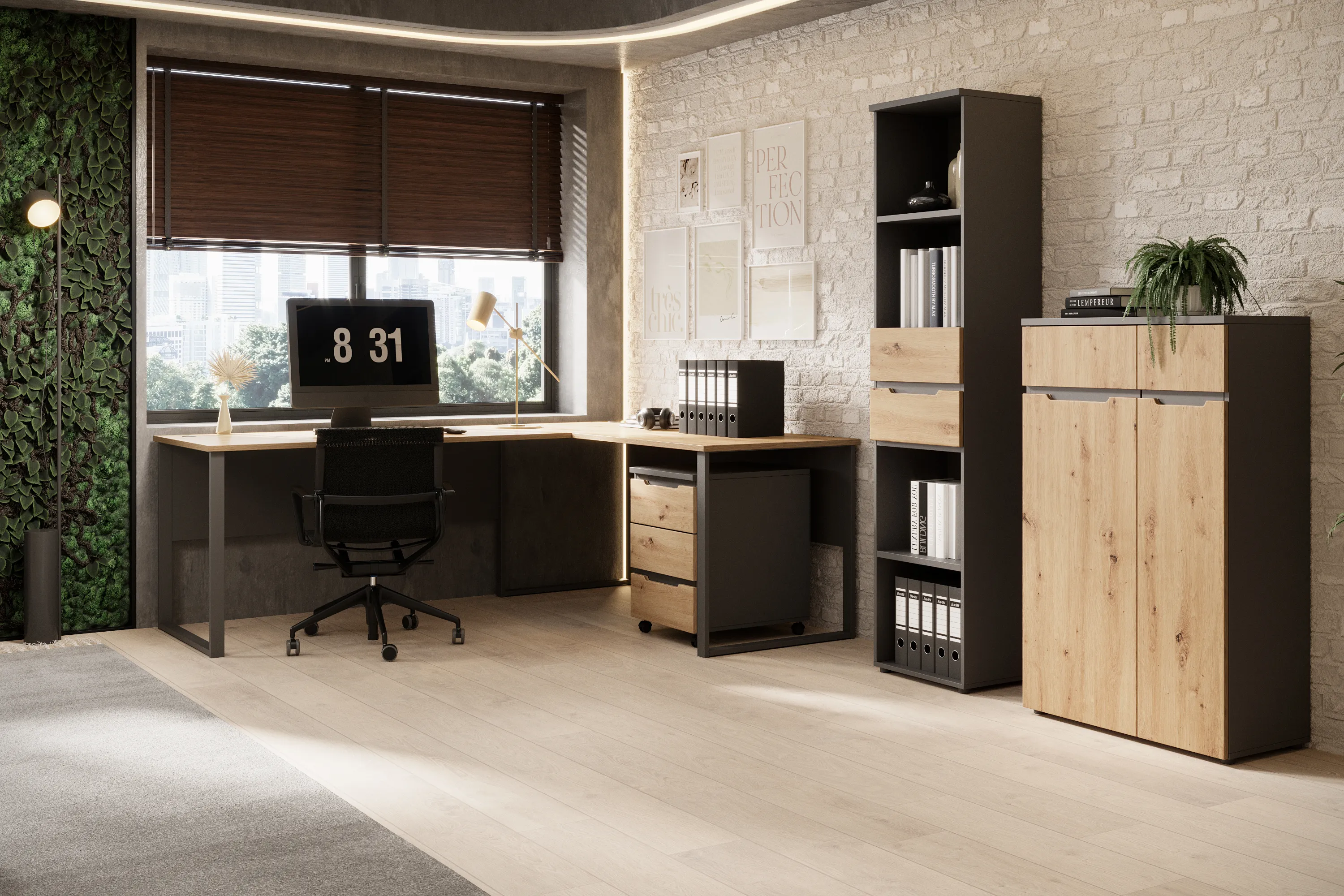 Biurko BREGO 75 z regulacją wysokości dąb artisan czarne 169x72x77cm - TH-100-1907