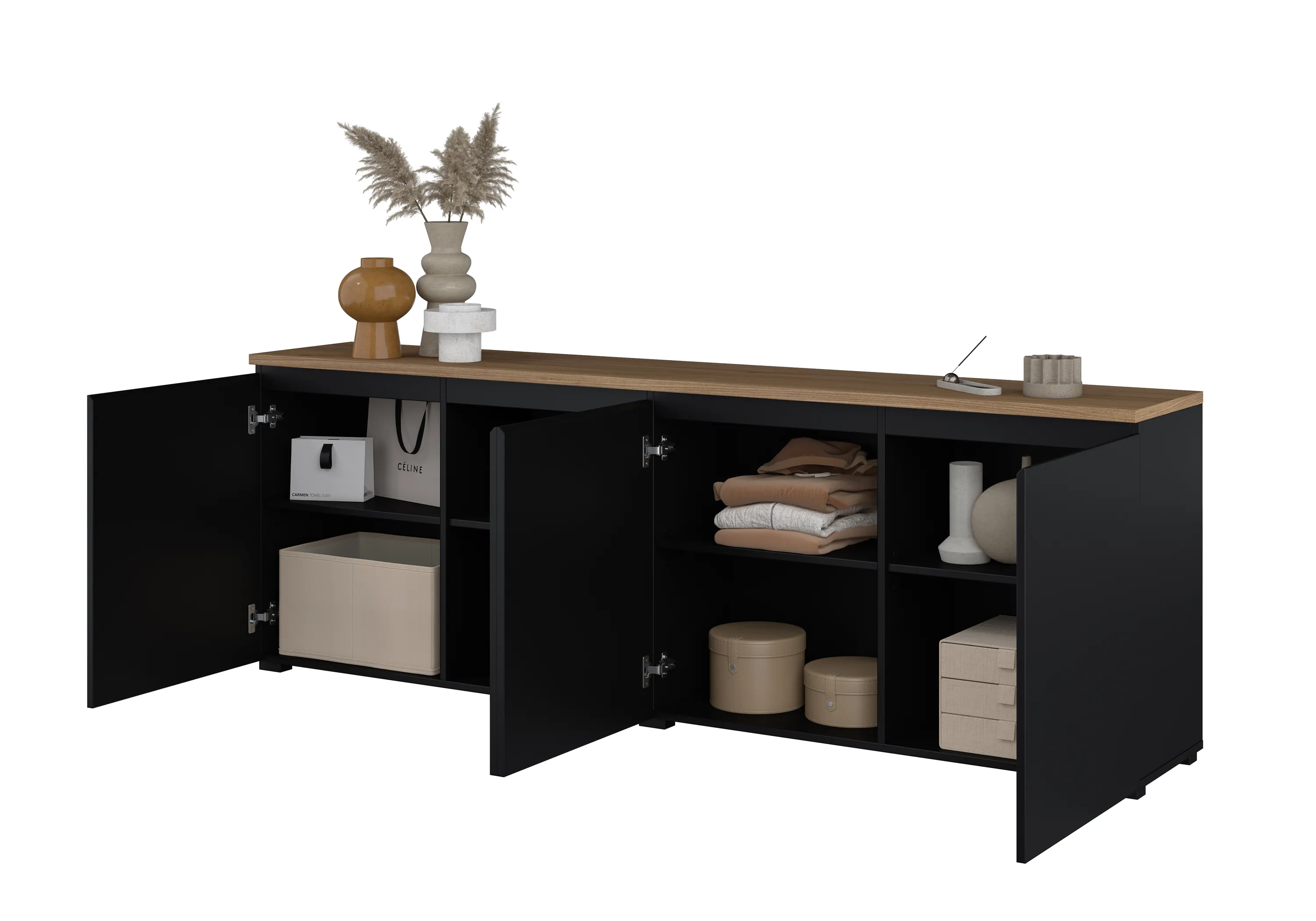 image kredens, szafka dolna, meble drewniane, czarne wykończenie, półki z teksturą