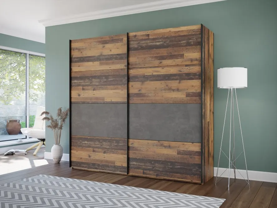 Szafa 2-drzwiowa CLIF drzwi przesuwne z panelem 220 cm, old wood vintage, beton - RCQS92411-C754