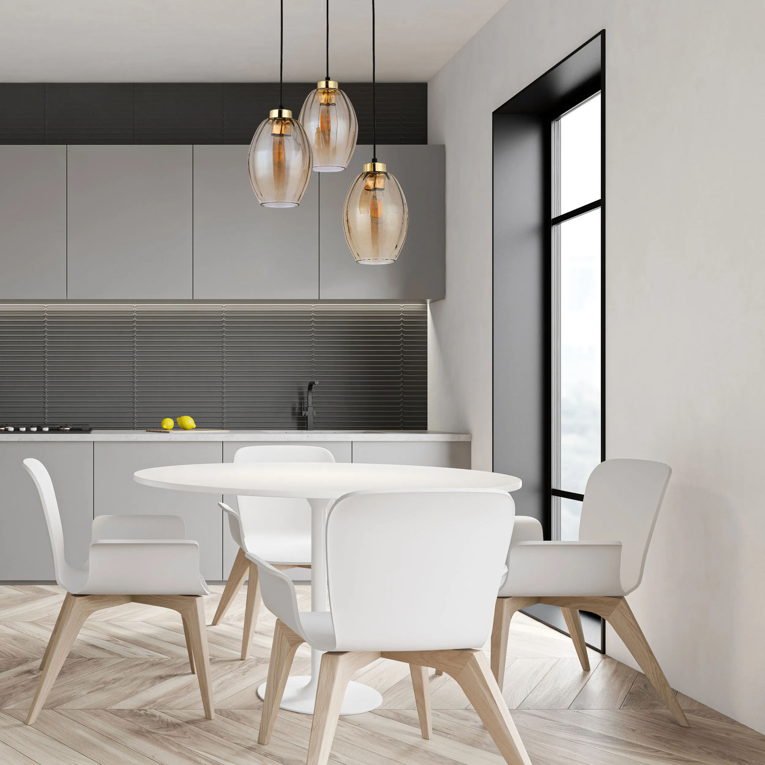 Lampa wisząca SEBO czarna ze złotymi elementami z bursztynowymi szklanymi kloszami 120x40cm - TK_4634