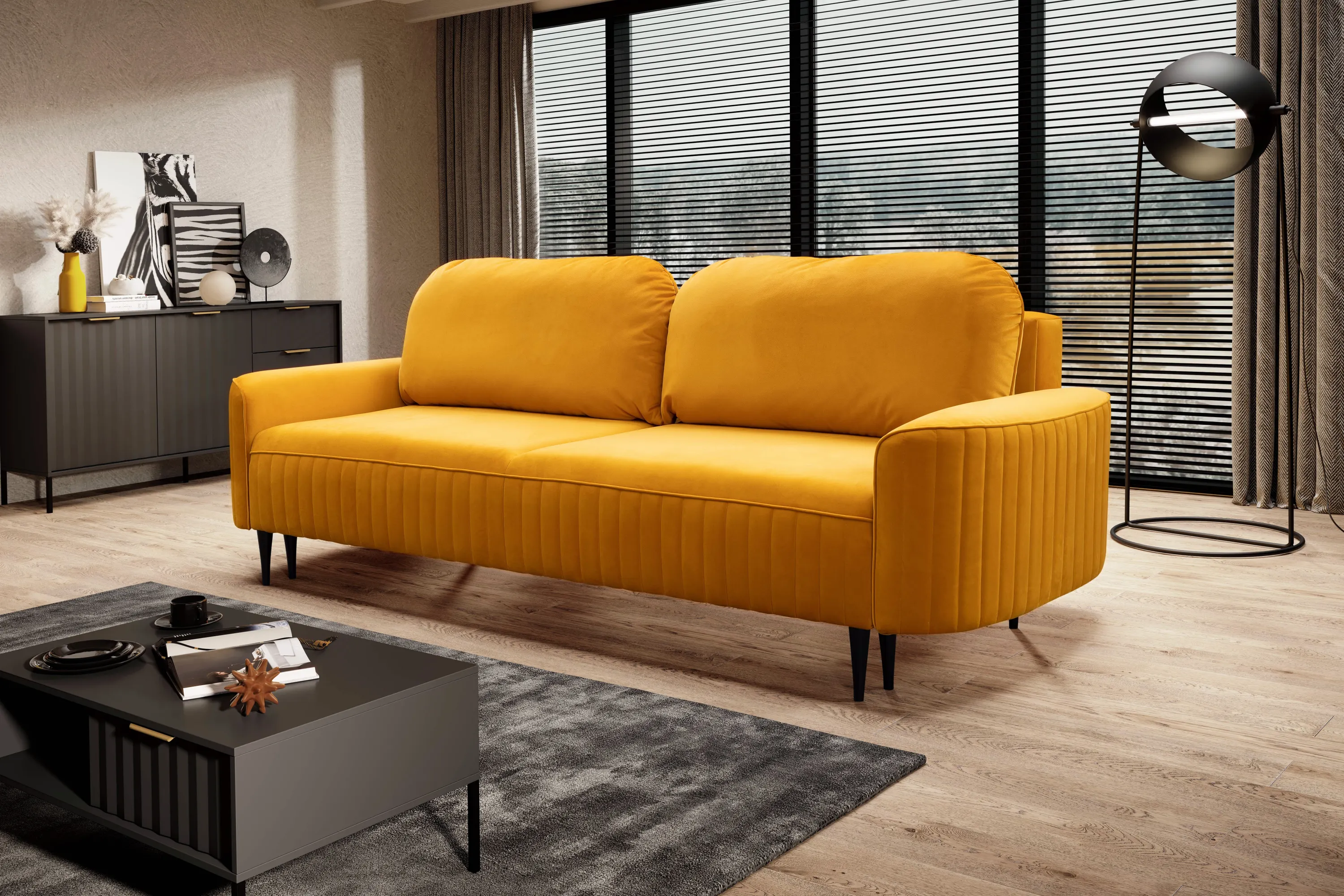 Sofa rozkładana z pojemnikiem VENA VELLUTO 244 cm musztardowa — zdjęcie 7