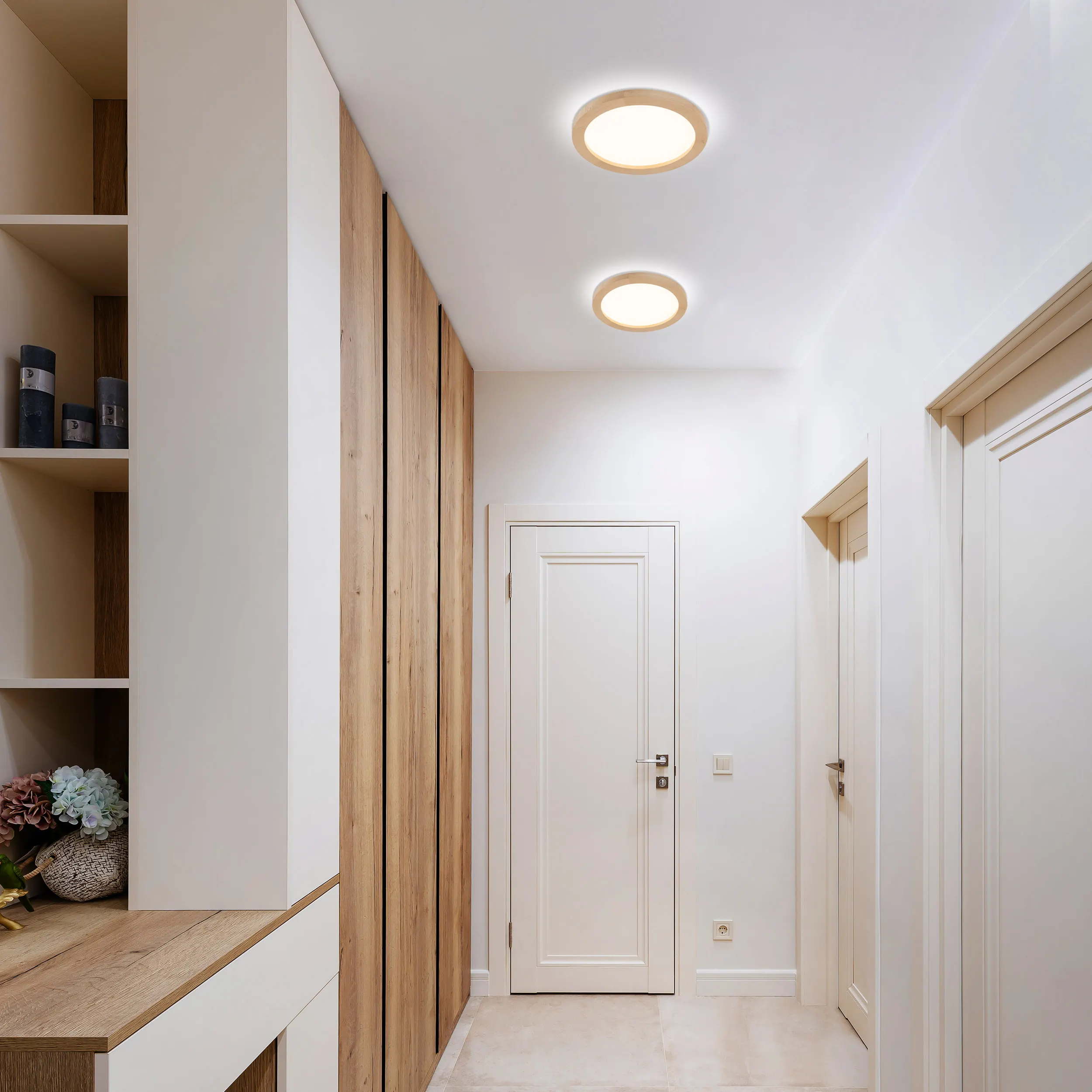 Lampa sufitowa AQUA LED 24W drewniana buk z białym kloszem okrągła 32x3cm - TK_18004