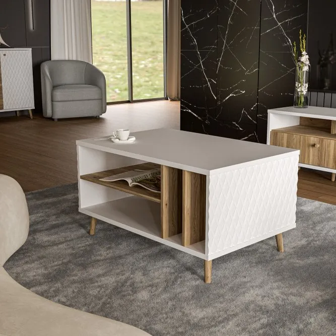 Stolik kawowy AKSANA z półką i przegrodami - dąb mauvella, biały - CFTT5204-M992