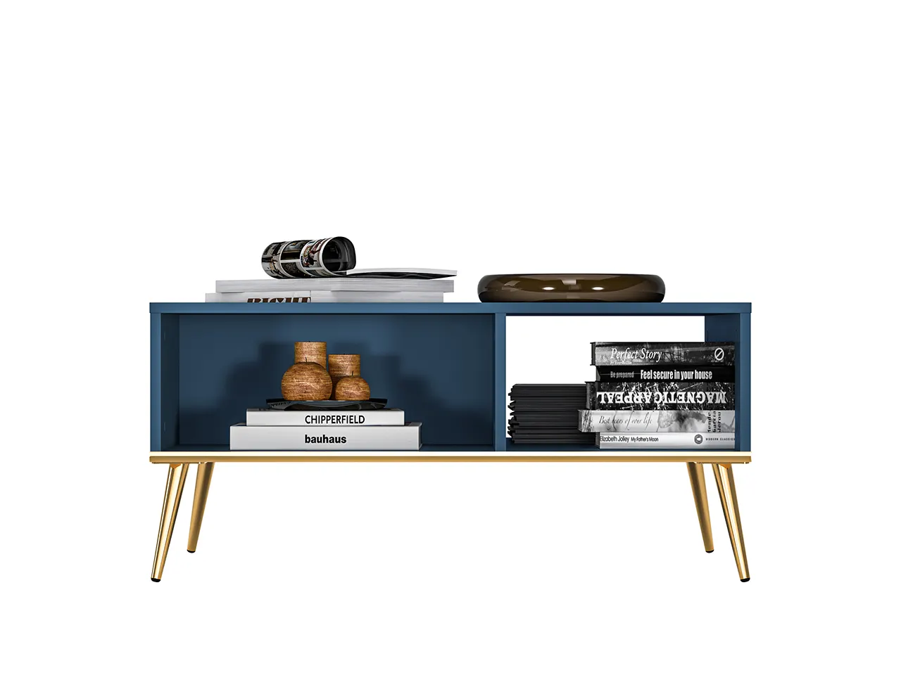 Stolik kawowy z półką i przegrodą MARINE 07 błękit ciemny, złoty - 1MARI07-001