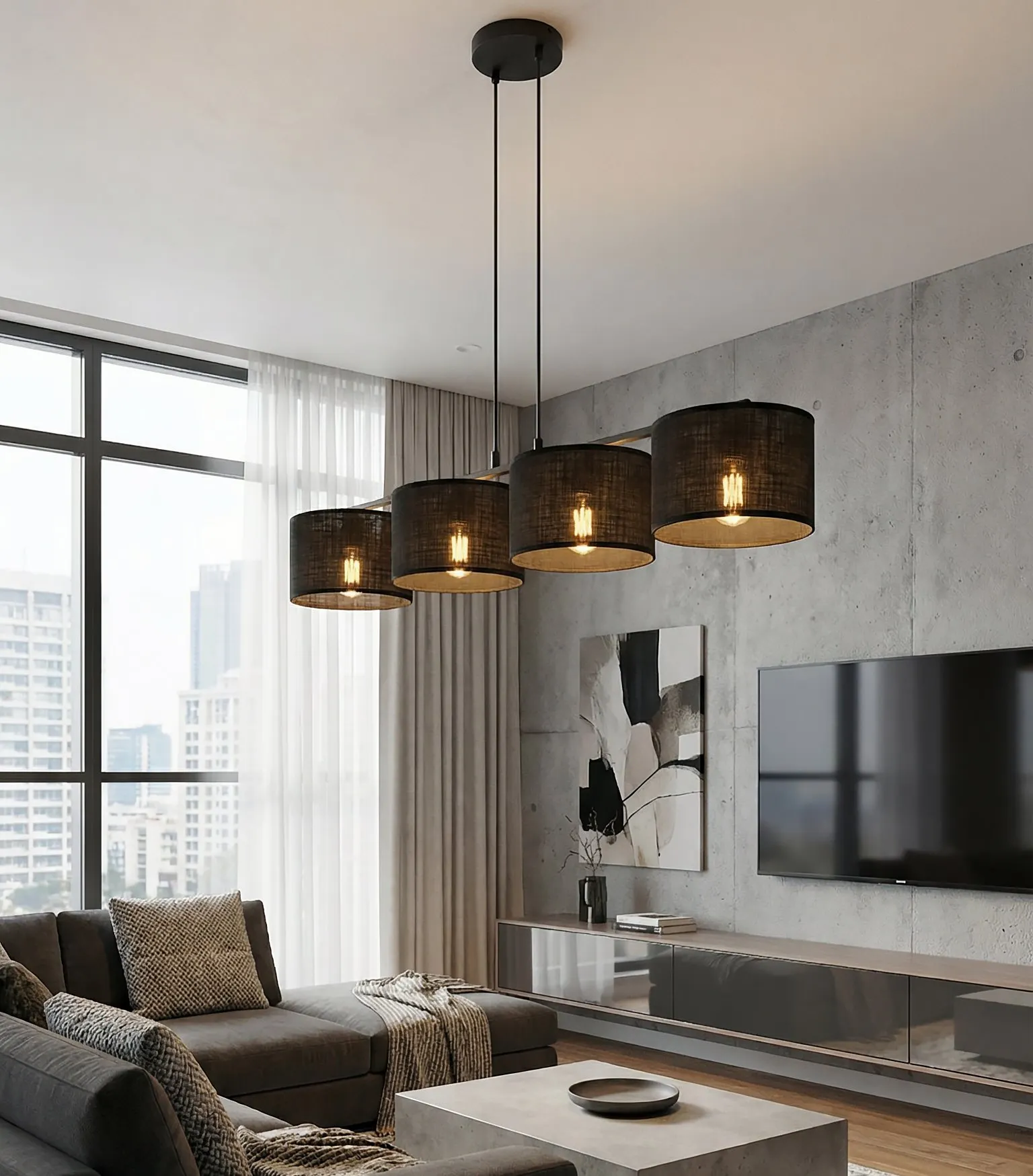 lampa wisząca, zestaw lamp, korpus metalowy, czarne abażury, salon nowoczesny