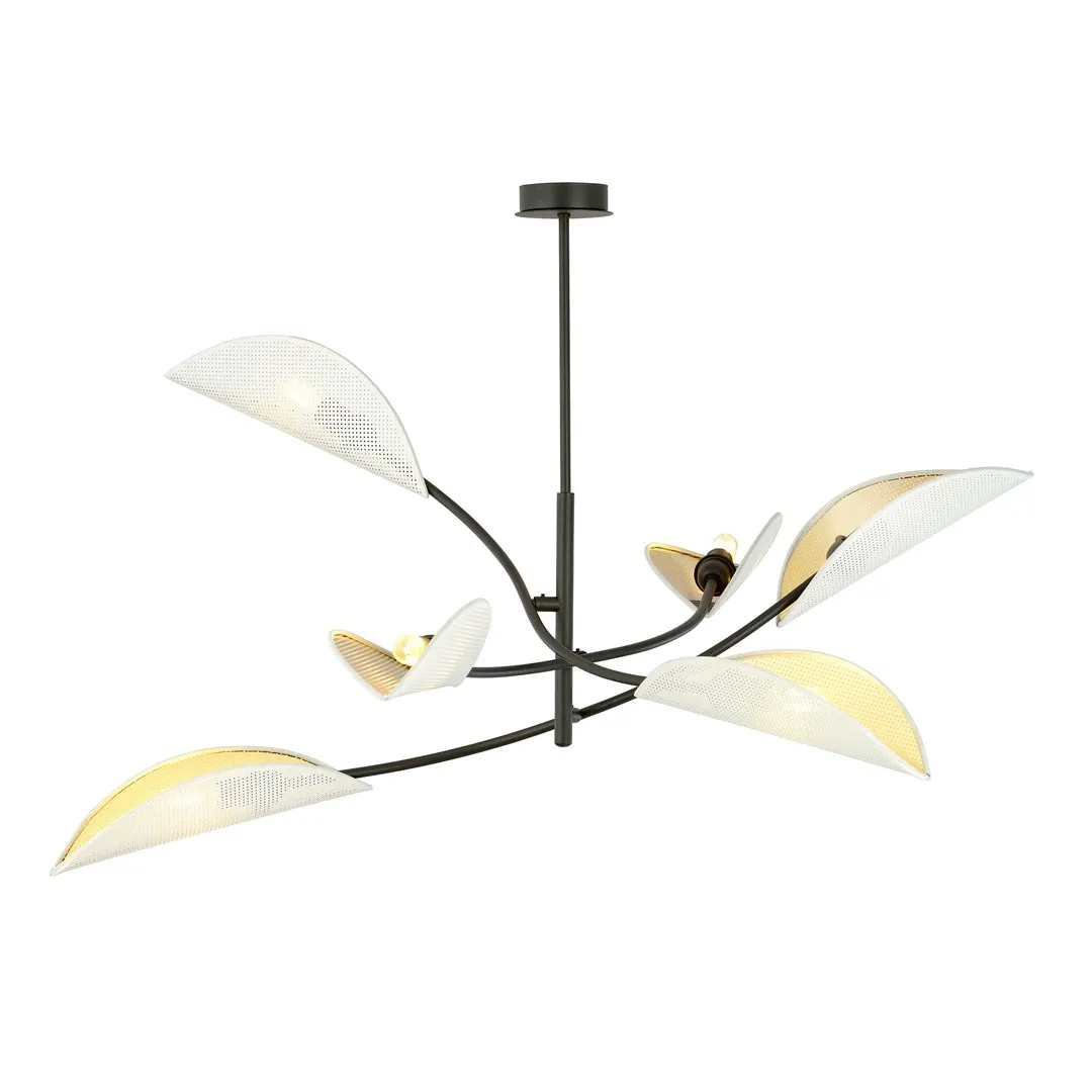 lampa sufitowa, kryształowe elementy, metalowy stelaż, półkoliste klosze, żeberkowane klosze