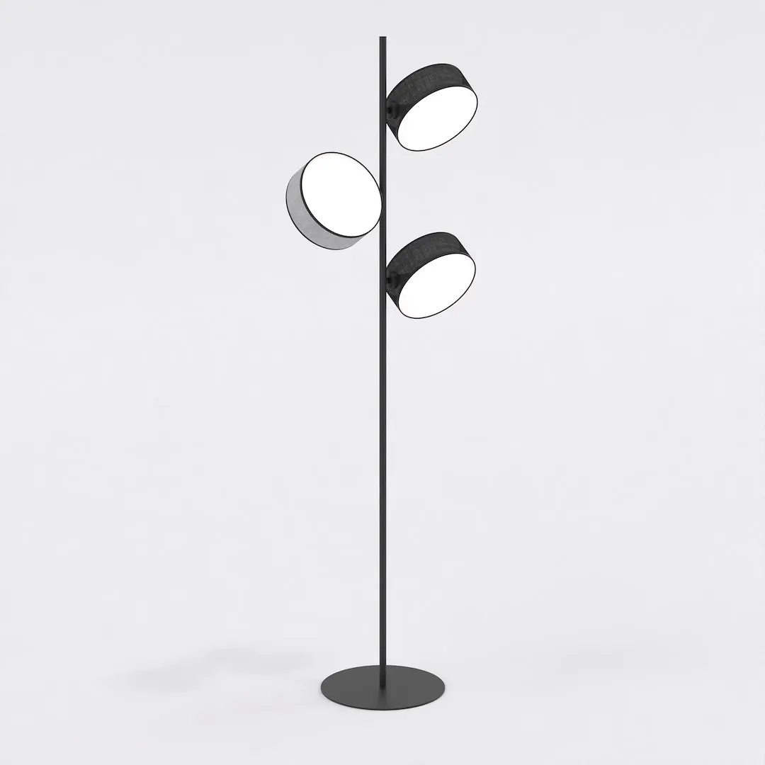 image lampa stojąca, stylowa lampa, trzy klosze, stalowy kolor, geometria