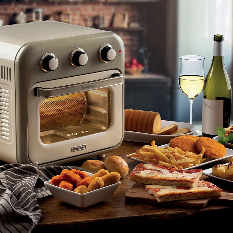 image toaster, air fryer, fries, pizza, wine