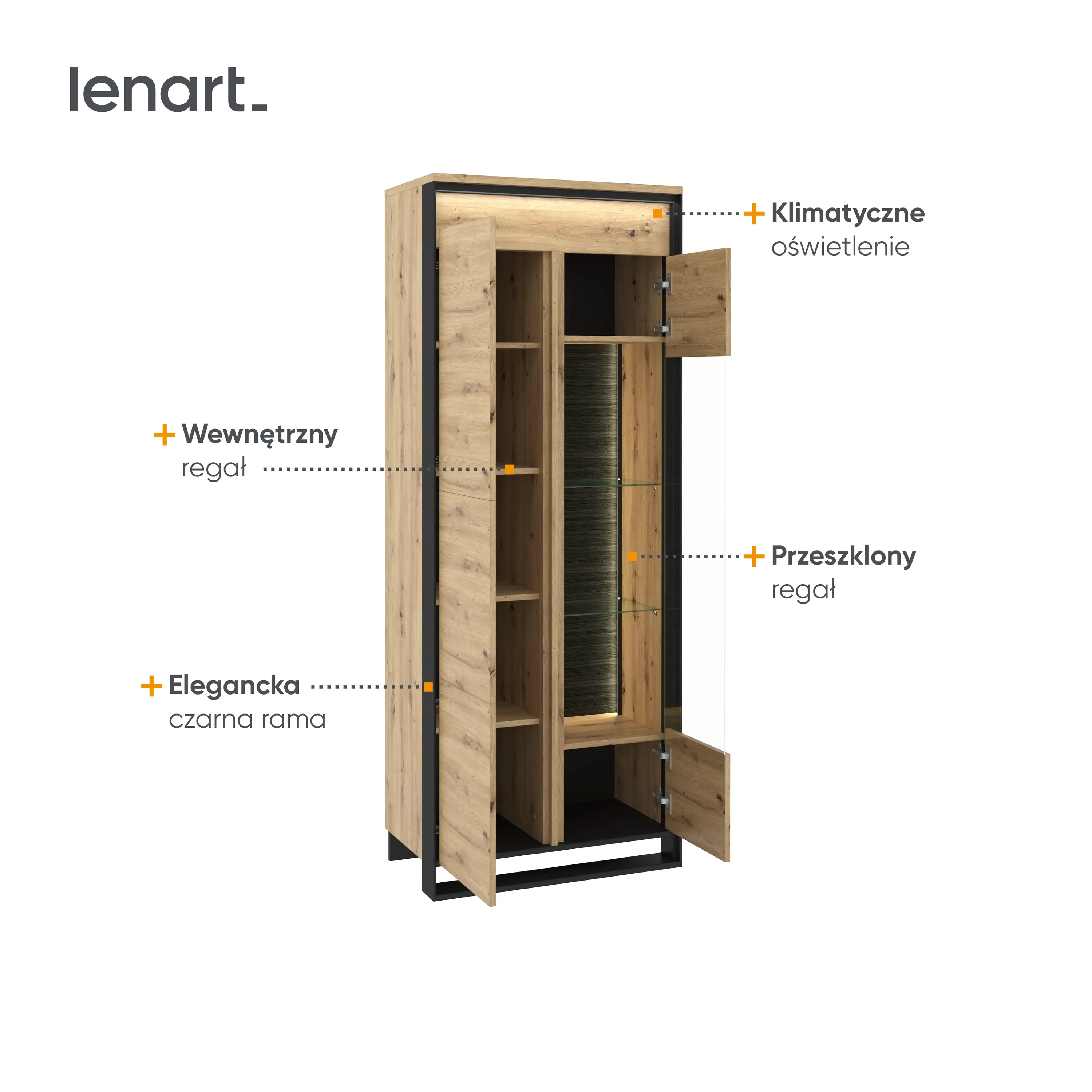 Witryna 2-drzwiowa LED 76cm Quant QA-03 dąb artisan/czarna - QA3DAC