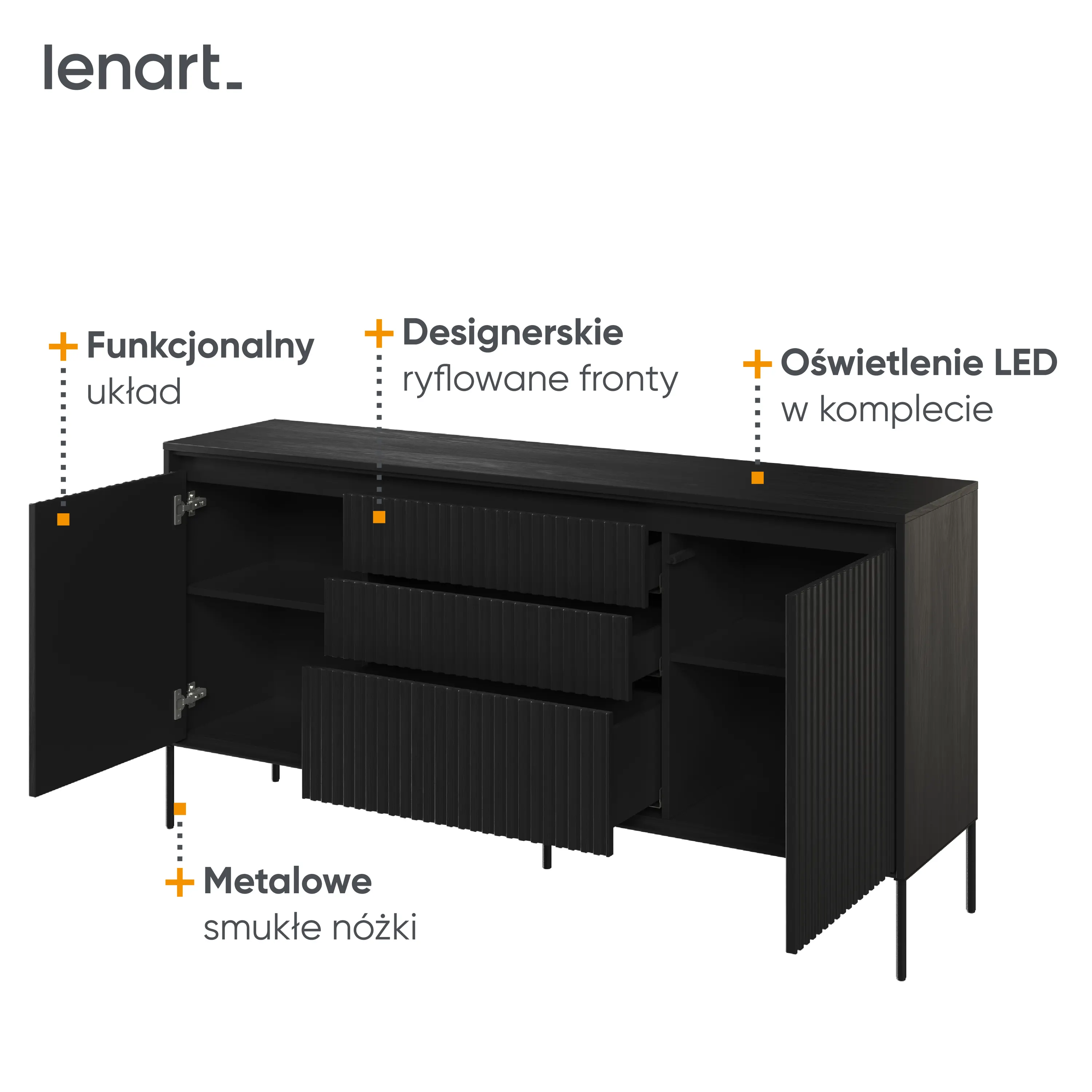 Komoda z oświetleniem TREND TR-01 2D3S ryflowana czarna - TR1C-V2