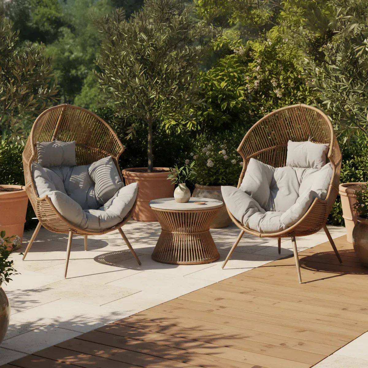 Fotel ogrodowy technorattanowy SUMMERY kokon z szarą poduszką naturalny Zenjoy — zdjęcie 21