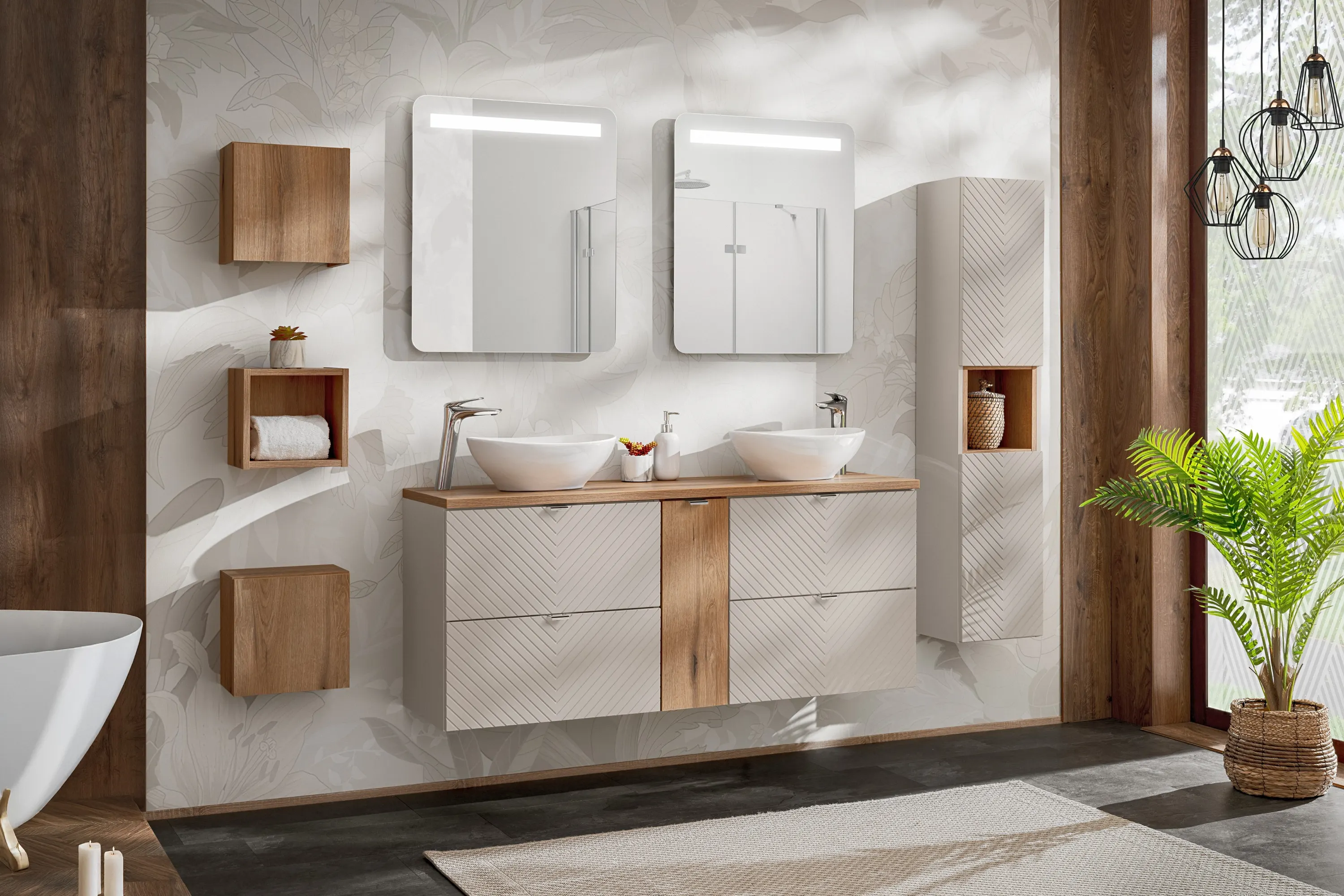 Zestaw meblowy SET-VIC 120cm ( 2 szafki + blat + 2 umywalki nablatowe Lola + szafka wysoka ) kaszmirowy, efekt drewna - SET-VIC_B_OAK_120CM_D/S_UN_LOLA_GW_HC