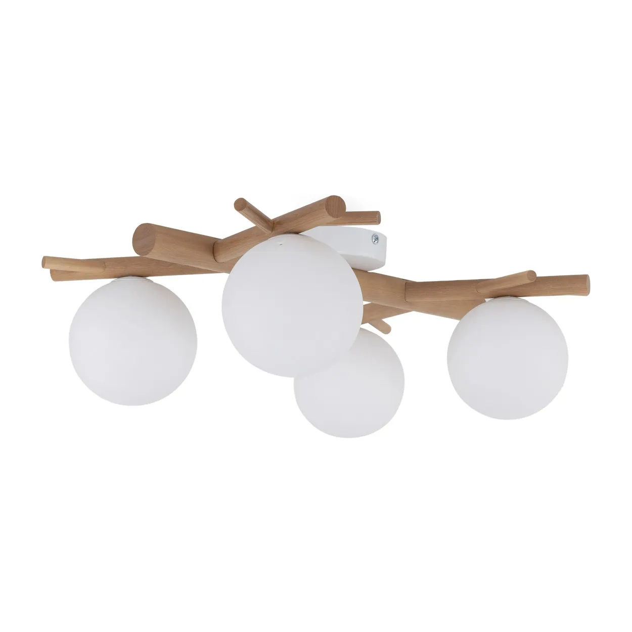 Lampa sufitowa SHERON biała drewniana sosna 4 szklane okrągłe klosze 67x41x17cm