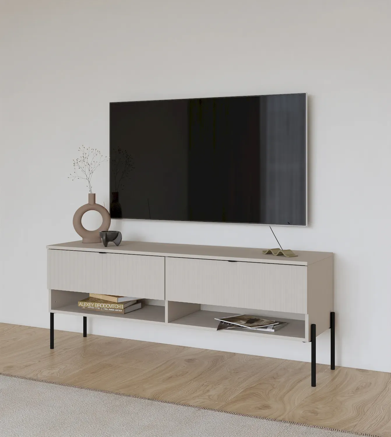 Szafka RTV z 2 szufladami ORE 140 cm kaszmir czarne nóżki - 24KROG41