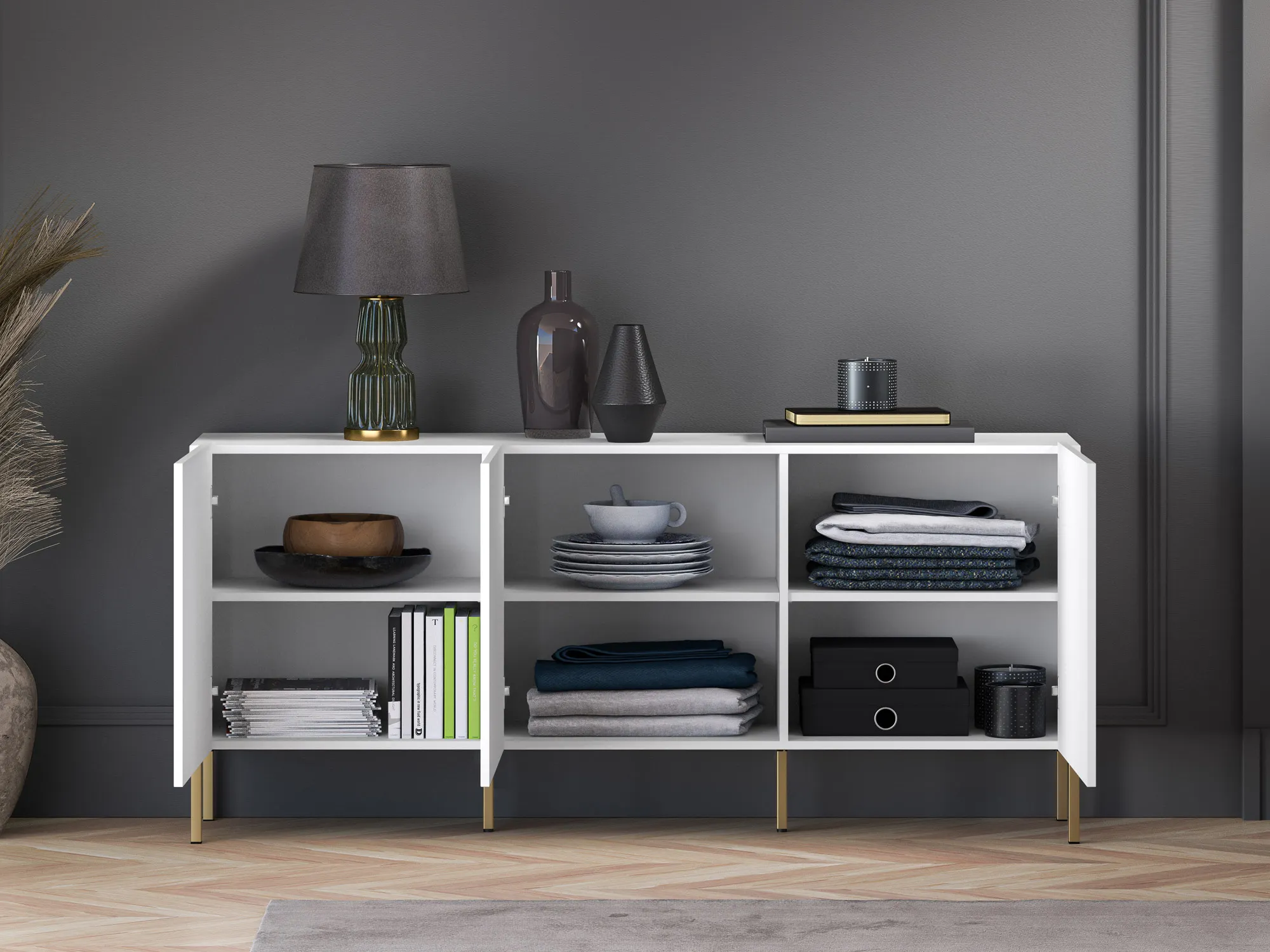 Komoda 3-drzwiowa CLEARING 02 biały alpejski, noga-złoty - 1CLEA02-001-04