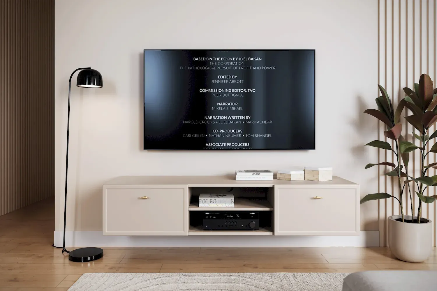 Szafka RTV wisząca z 2 szufladami LORINI 150 - cashmere uchwyt T-bar złoty - B_166823