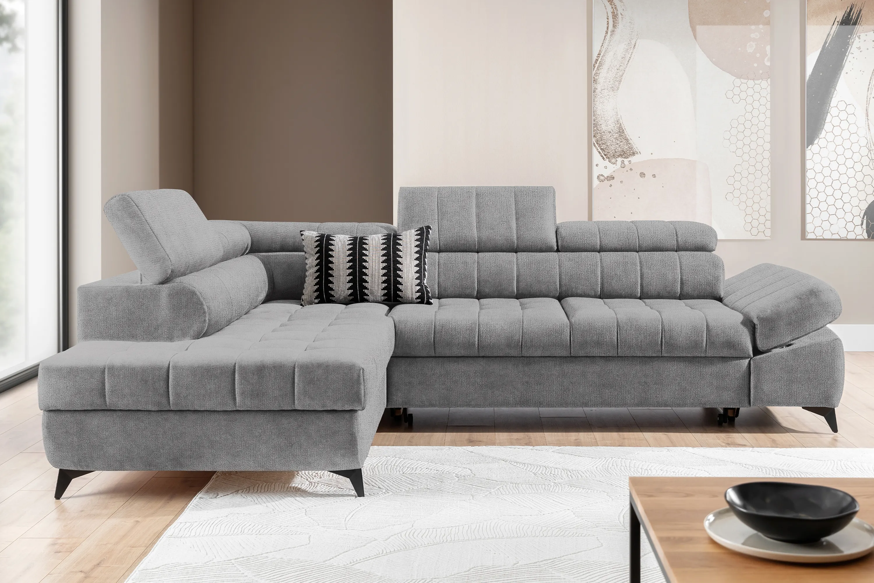 Narożnik lewostronny VALORIS L regulowane zagłówki i podłokietniki tkanina Perfect Harmony 80 jasnoszary - B_162926