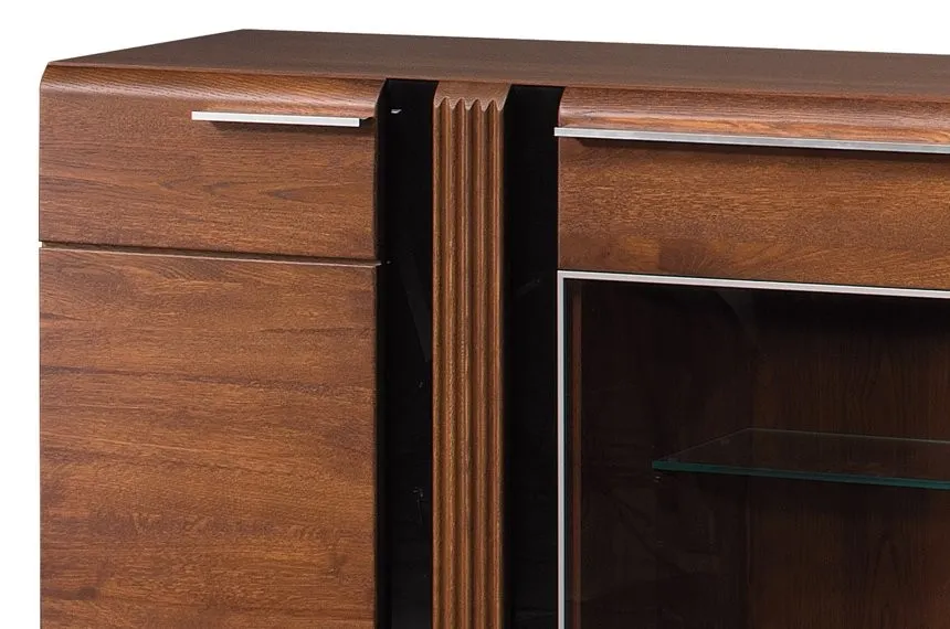 Komoda z witryną PORTI 48 3-drzwiowa drewniana dąb antyczny czarna 180x90x42cm - TH-100-0833