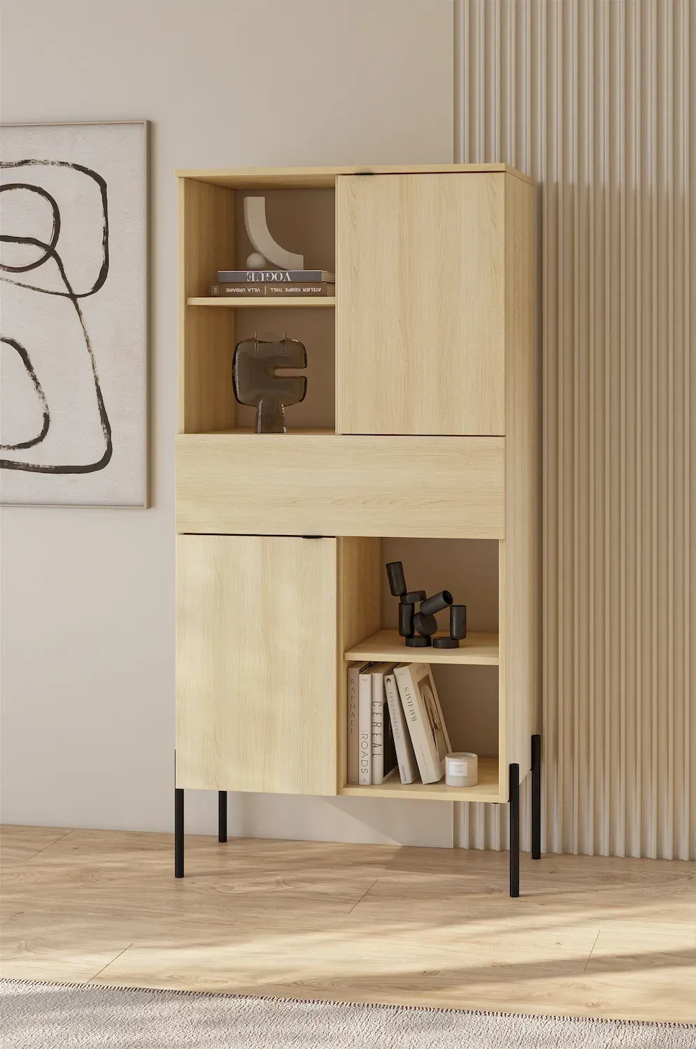 Komoda wysoka 2-drzwiowa z szufladą ORE dąb lindberg czarne nóżki - 24LGOG42