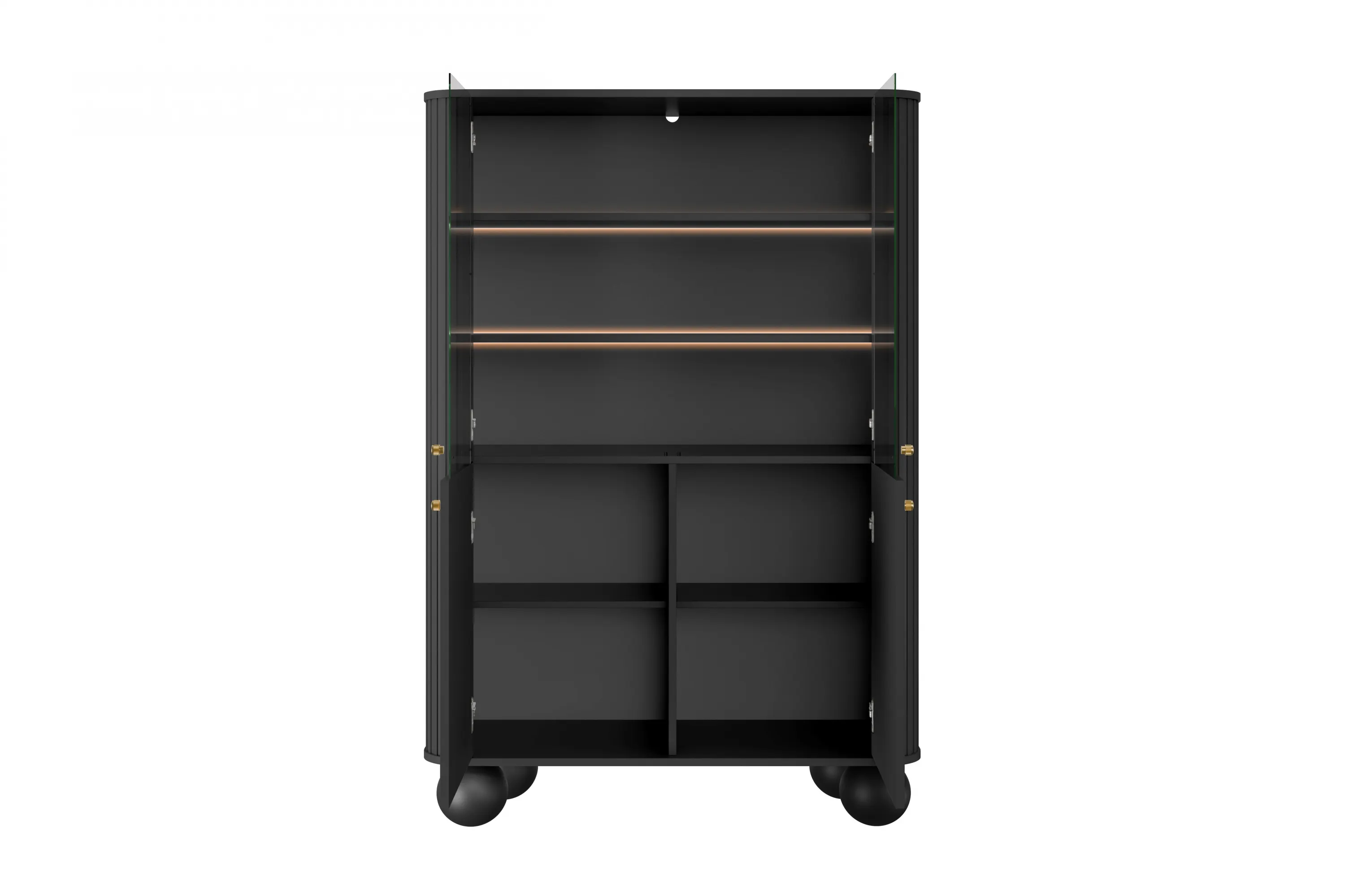 Witryna 4-drzwiowa z oświetleniem VESPER 103 ryflowany front czarna złote uchwyty nogi kule - B_167229